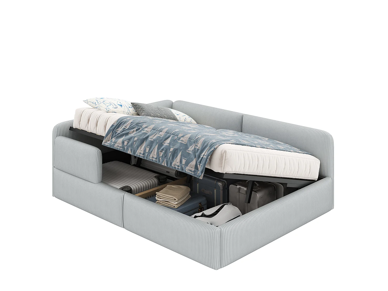 Cama arcón acolchada 140x200 cm - Con almacenamiento y barrera de seguridad lateral - Terciopelo acanalado - MDF - Gris (sin colchón)