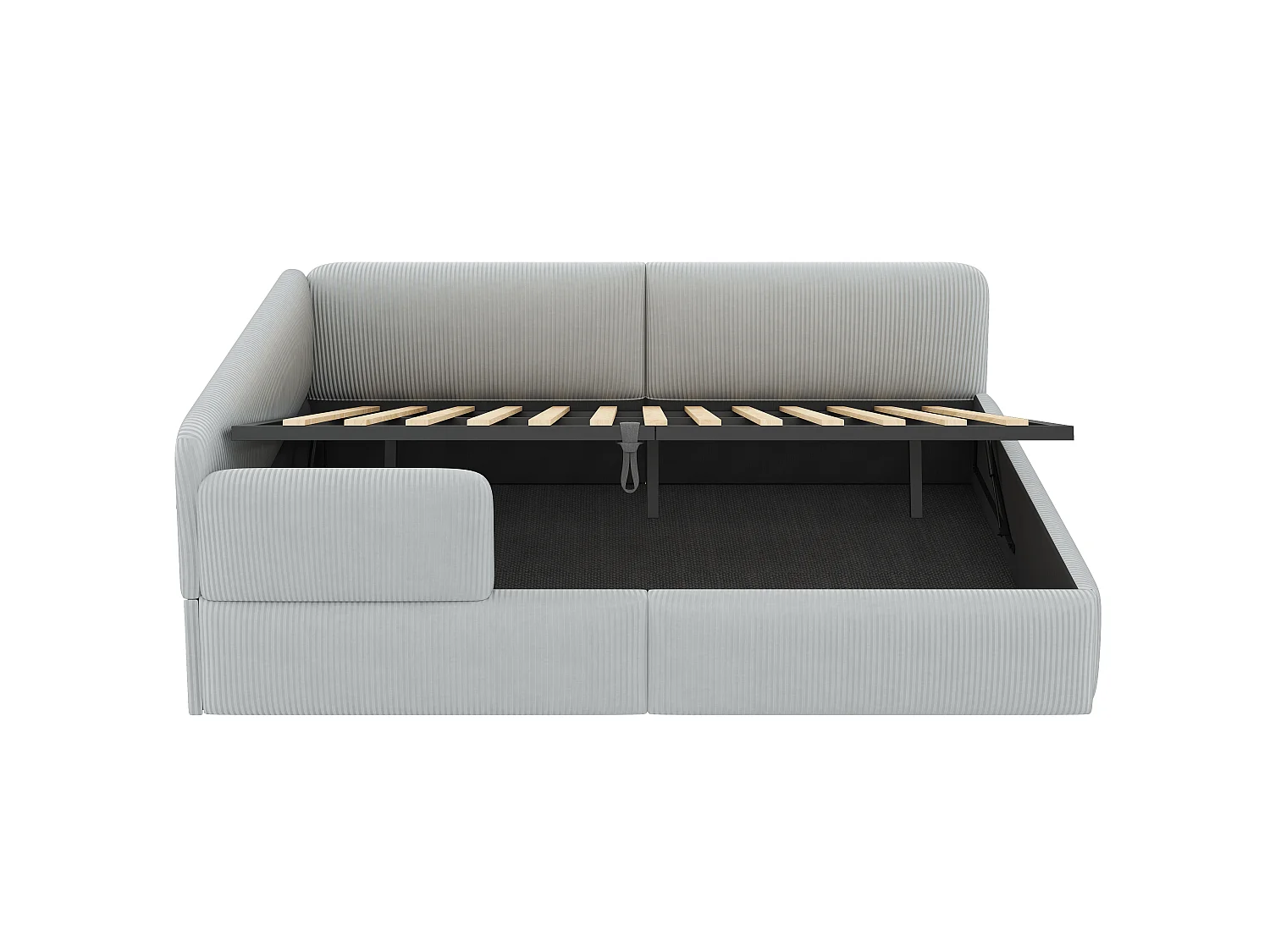 Cama arcón acolchada 140x200 cm - Con almacenamiento y barrera de seguridad lateral - Terciopelo acanalado - MDF - Gris (sin colchón)