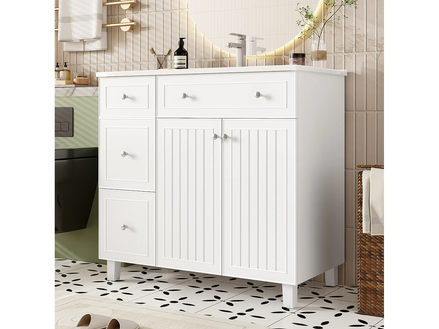 Mobile bagno con lavabo in ceramica 91,5x46,5x89 cm - 4 cassetti e 2 ante - Finitura laccata - Ripiano regolabile - Bianco