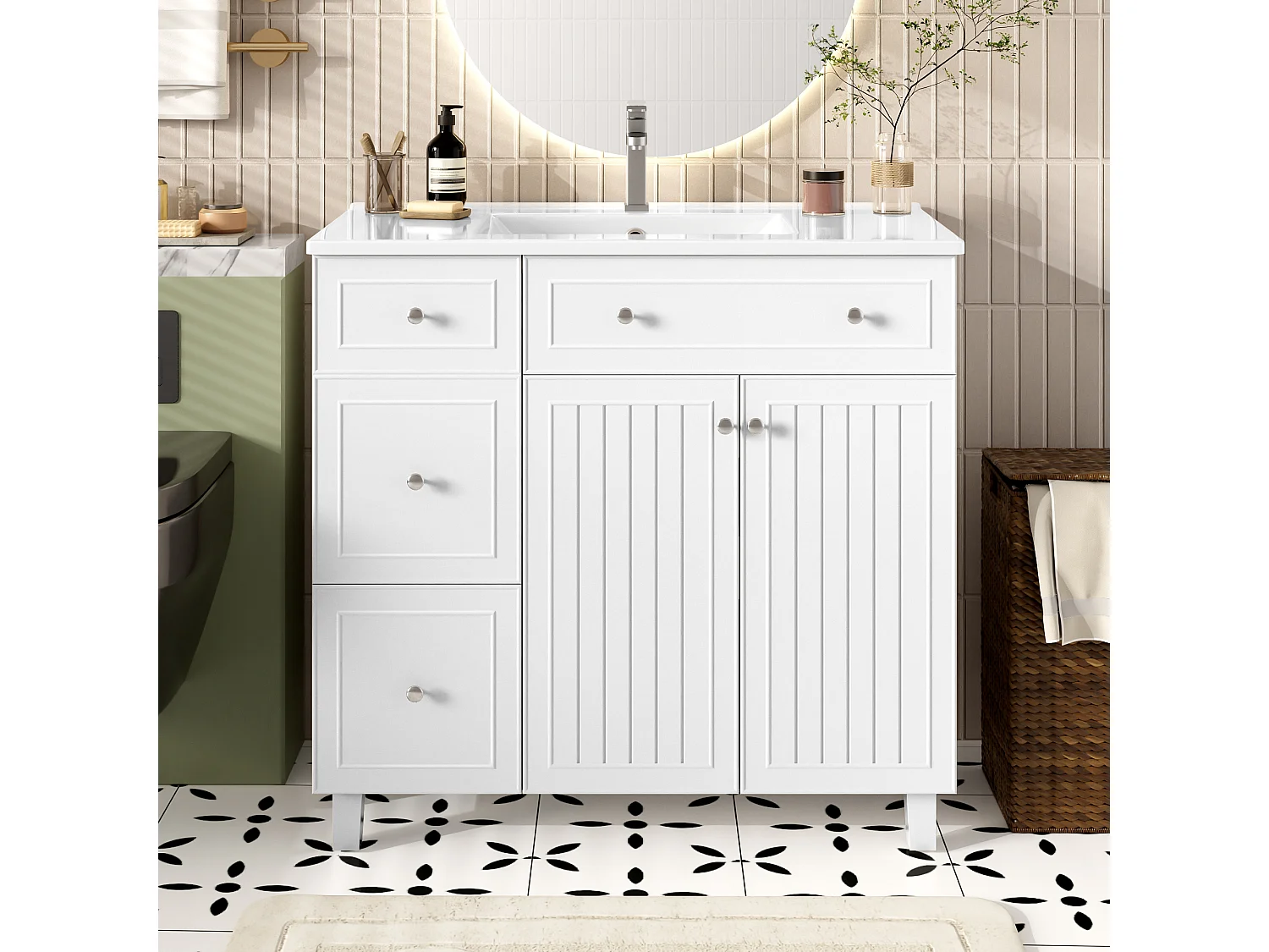 Mobile bagno con lavabo in ceramica 91,5x46,5x89 cm - 4 cassetti e 2 ante - Finitura laccata - Ripiano regolabile - Bianco