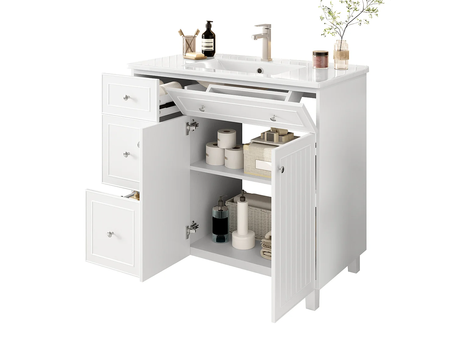 Mobile bagno con lavabo in ceramica 91,5x46,5x89 cm - 4 cassetti e 2 ante - Finitura laccata - Ripiano regolabile - Bianco