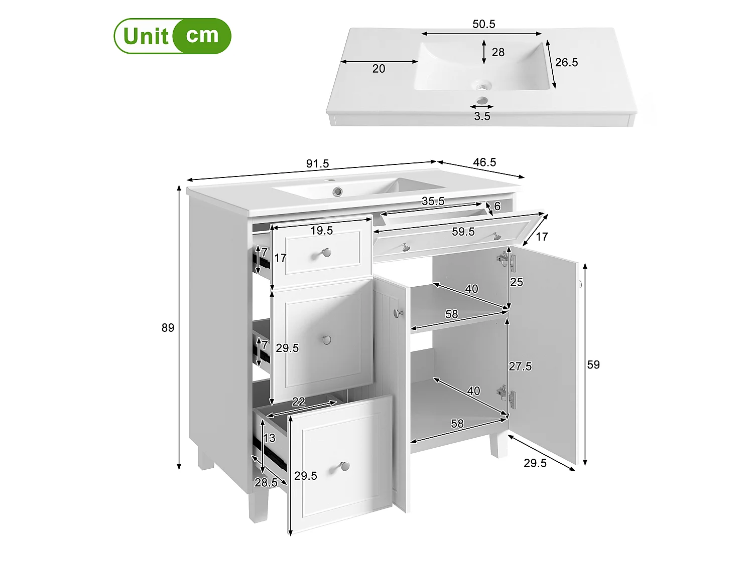 Mobile bagno con lavabo in ceramica 91,5x46,5x89 cm - 4 cassetti e 2 ante - Finitura laccata - Ripiano regolabile - Bianco