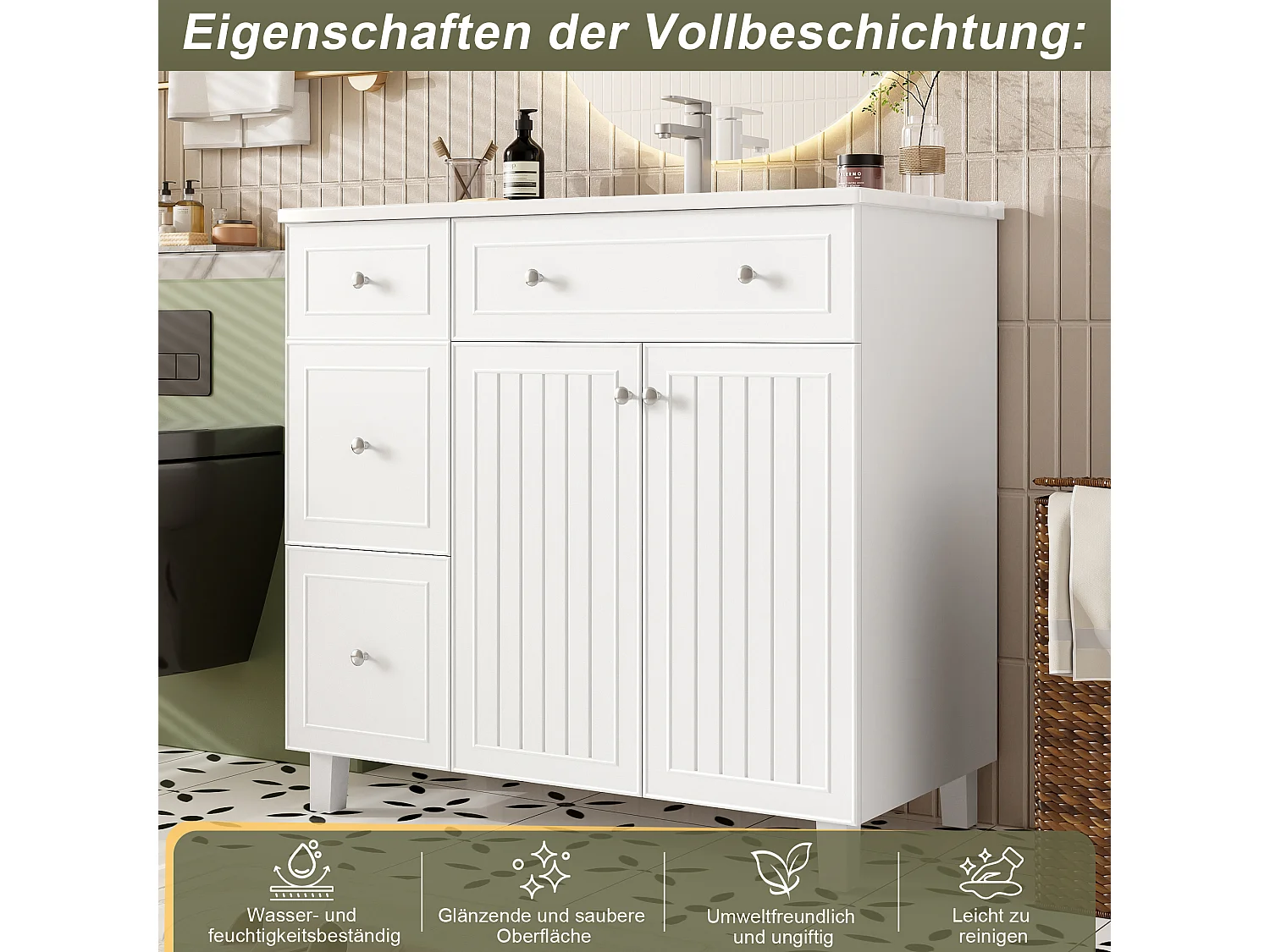 Mobile bagno con lavabo in ceramica 91,5x46,5x89 cm - 4 cassetti e 2 ante - Finitura laccata - Ripiano regolabile - Bianco