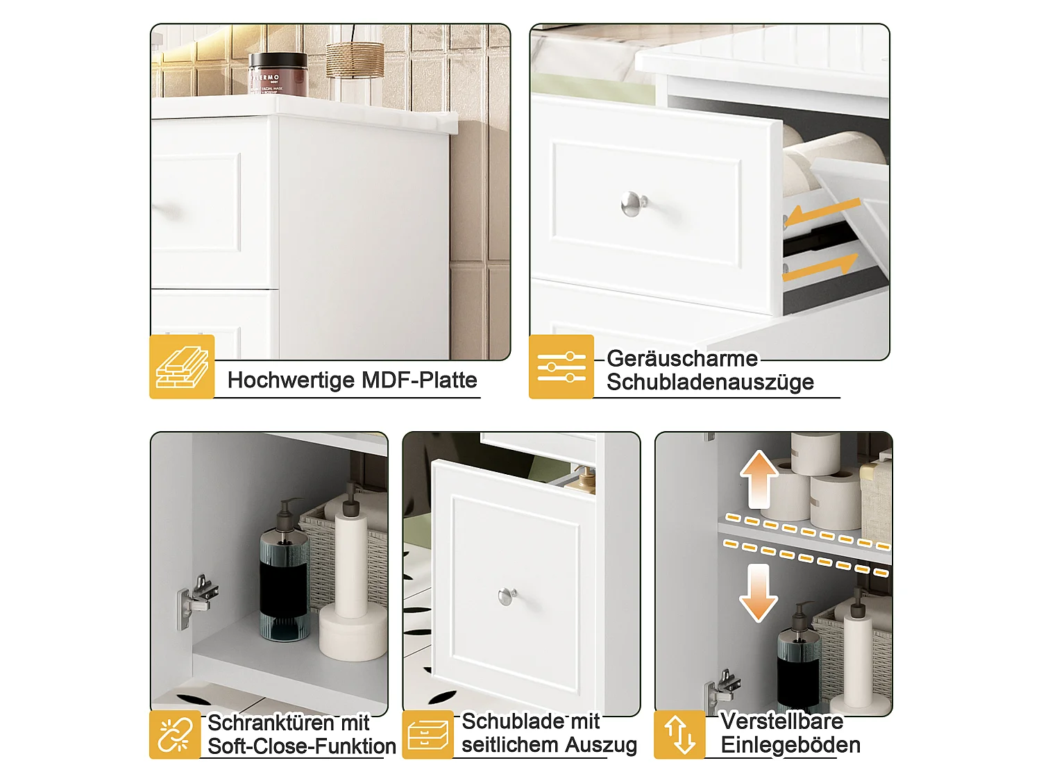 Mobile bagno con lavabo in ceramica 91,5x46,5x89 cm - 4 cassetti e 2 ante - Finitura laccata - Ripiano regolabile - Bianco