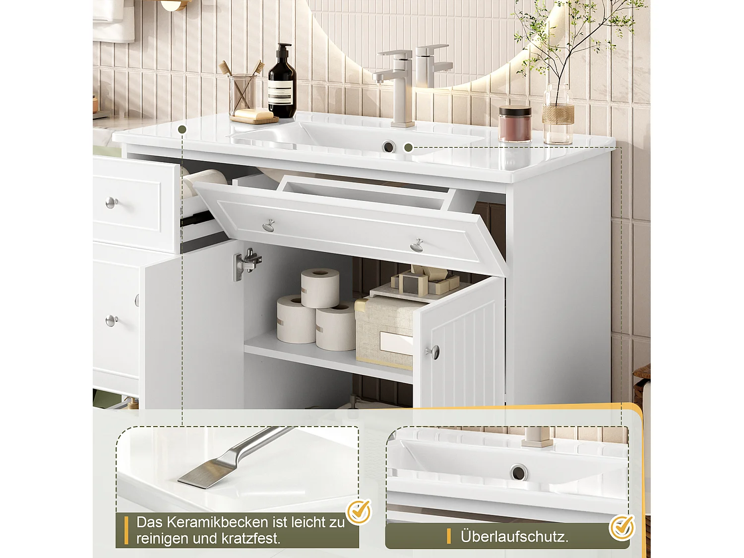 Mobile bagno con lavabo in ceramica 91,5x46,5x89 cm - 4 cassetti e 2 ante - Finitura laccata - Ripiano regolabile - Bianco
