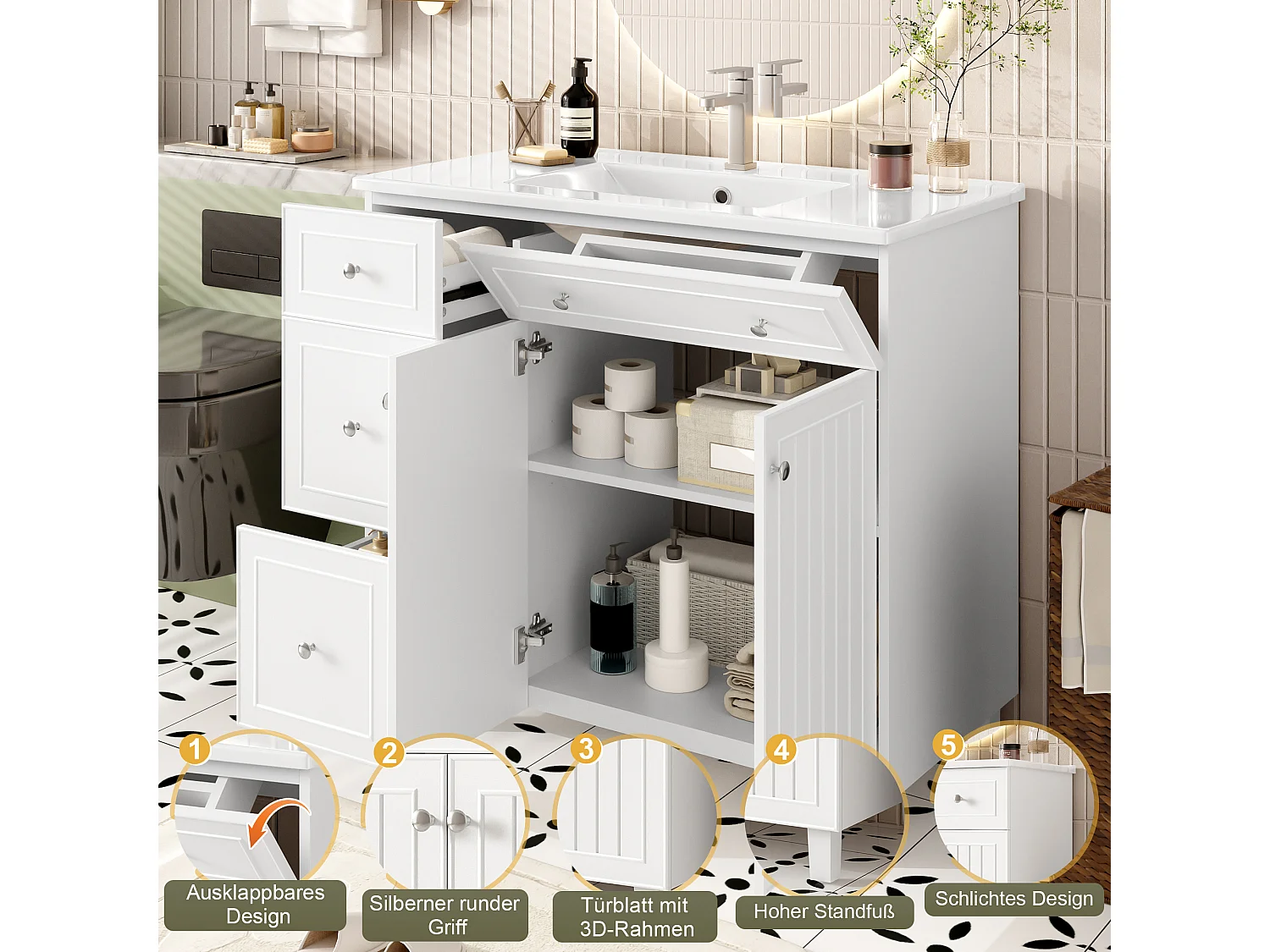 Mobile bagno con lavabo in ceramica 91,5x46,5x89 cm - 4 cassetti e 2 ante - Finitura laccata - Ripiano regolabile - Bianco