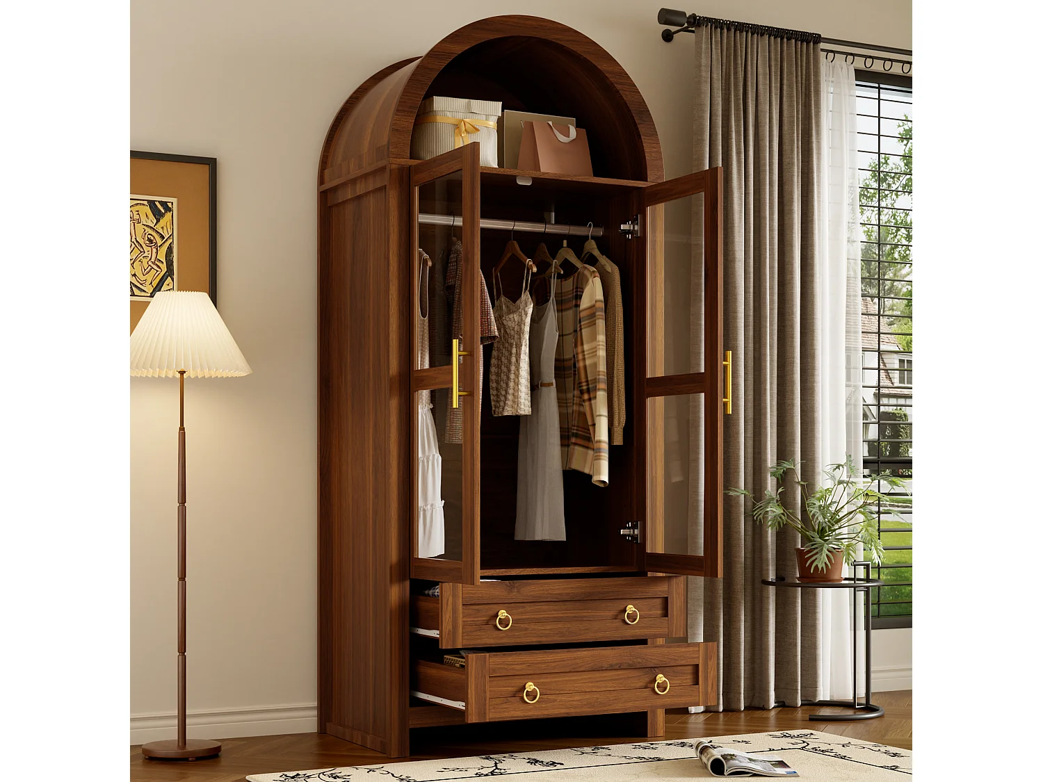 Armário moderno - Design com topo arqueado - 2 portas de vidro, 2 gavetas e varão - Iluminação LED - MDF - Marrom