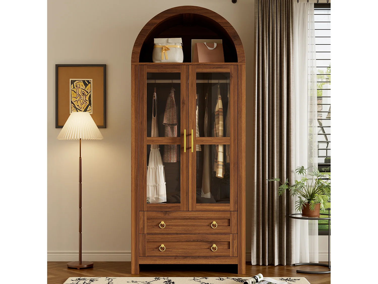 Armário moderno - Design com topo arqueado - 2 portas de vidro, 2 gavetas e varão - Iluminação LED - MDF - Marrom