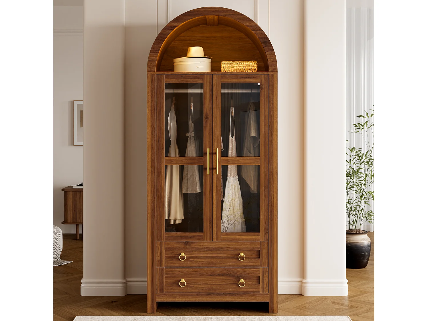 Armário moderno - Design com topo arqueado - 2 portas de vidro, 2 gavetas e varão - Iluminação LED - MDF - Marrom