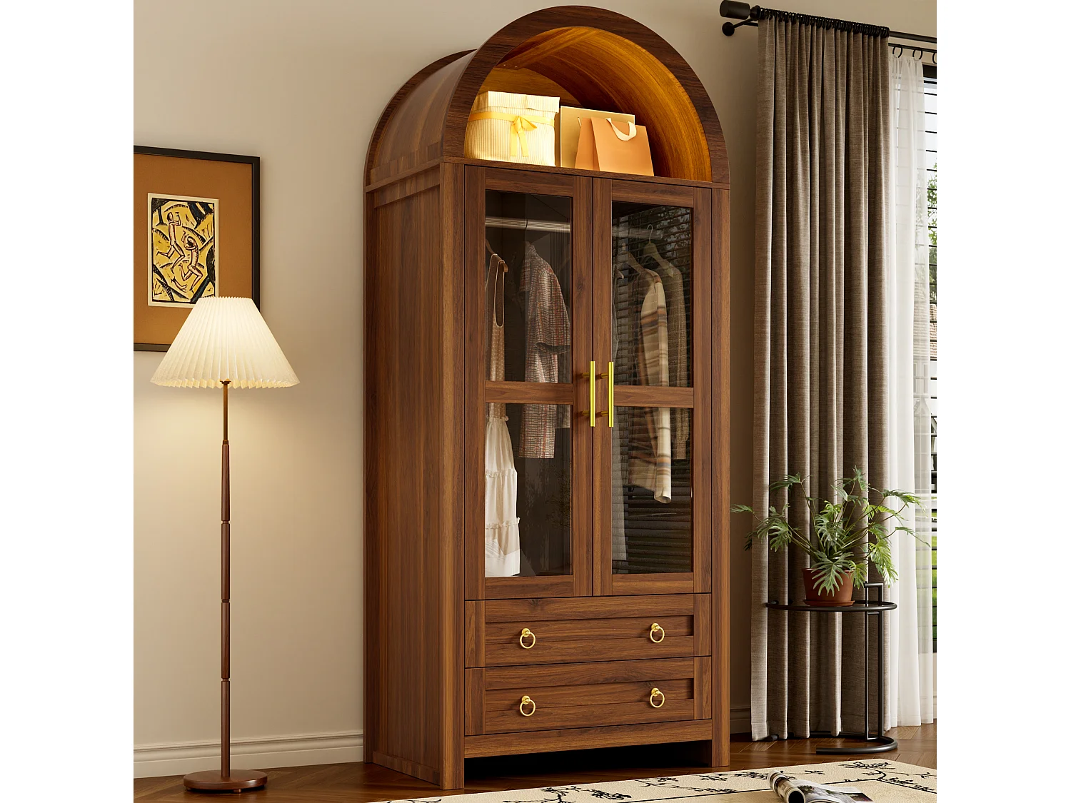 Armário moderno - Design com topo arqueado - 2 portas de vidro, 2 gavetas e varão - Iluminação LED - MDF - Marrom
