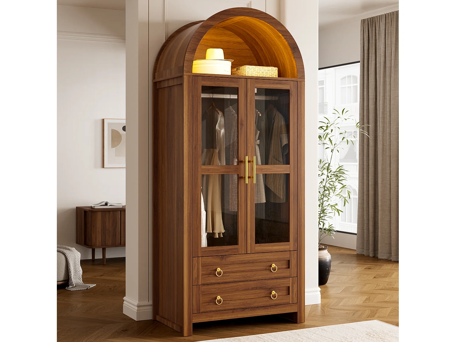 Armário moderno - Design com topo arqueado - 2 portas de vidro, 2 gavetas e varão - Iluminação LED - MDF - Marrom