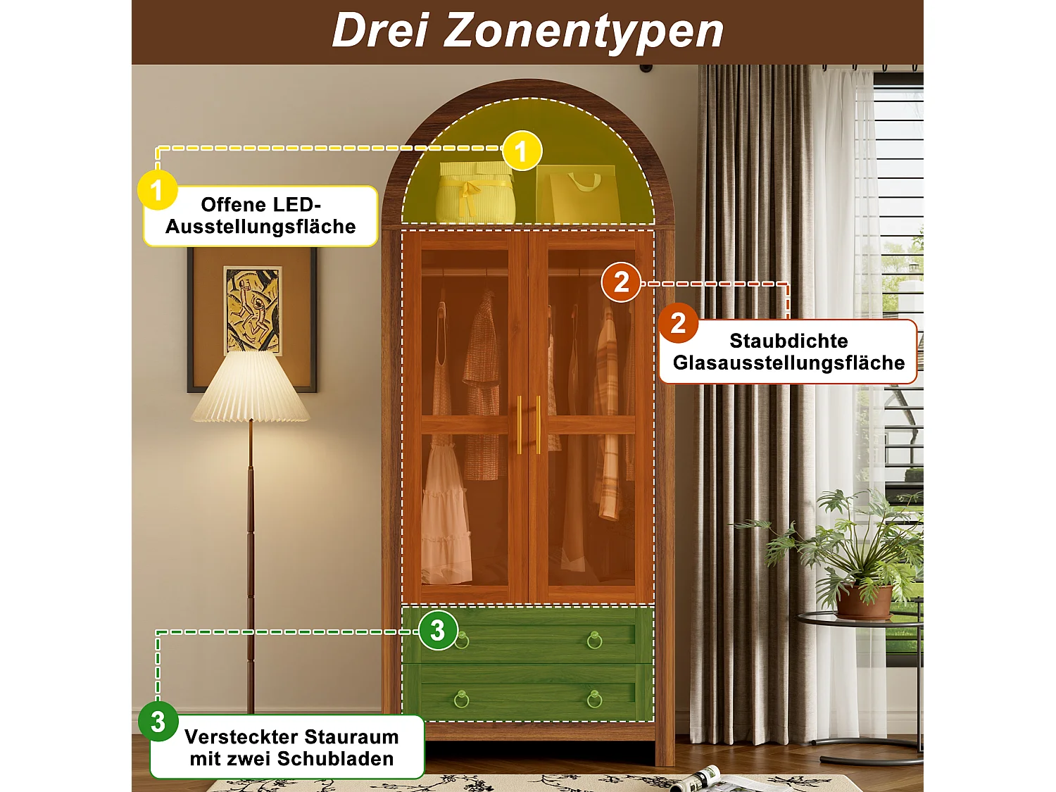 Armário moderno - Design com topo arqueado - 2 portas de vidro, 2 gavetas e varão - Iluminação LED - MDF - Marrom