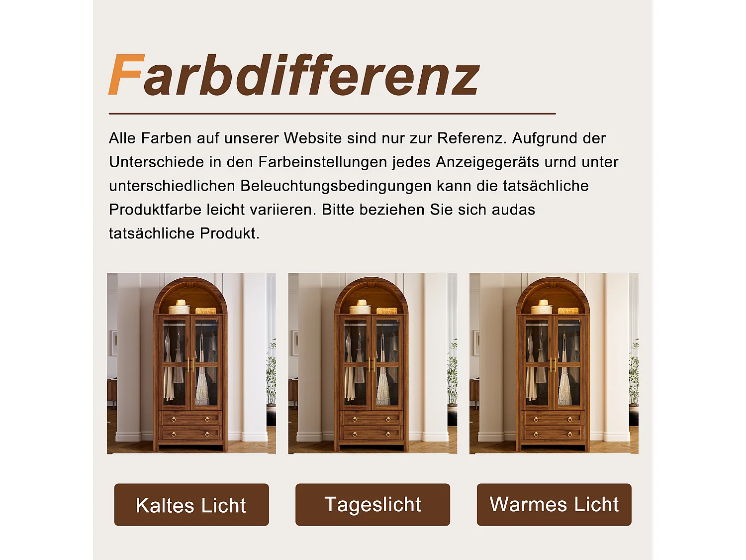 Armário moderno - Design com topo arqueado - 2 portas de vidro, 2 gavetas e varão - Iluminação LED - MDF - Marrom
