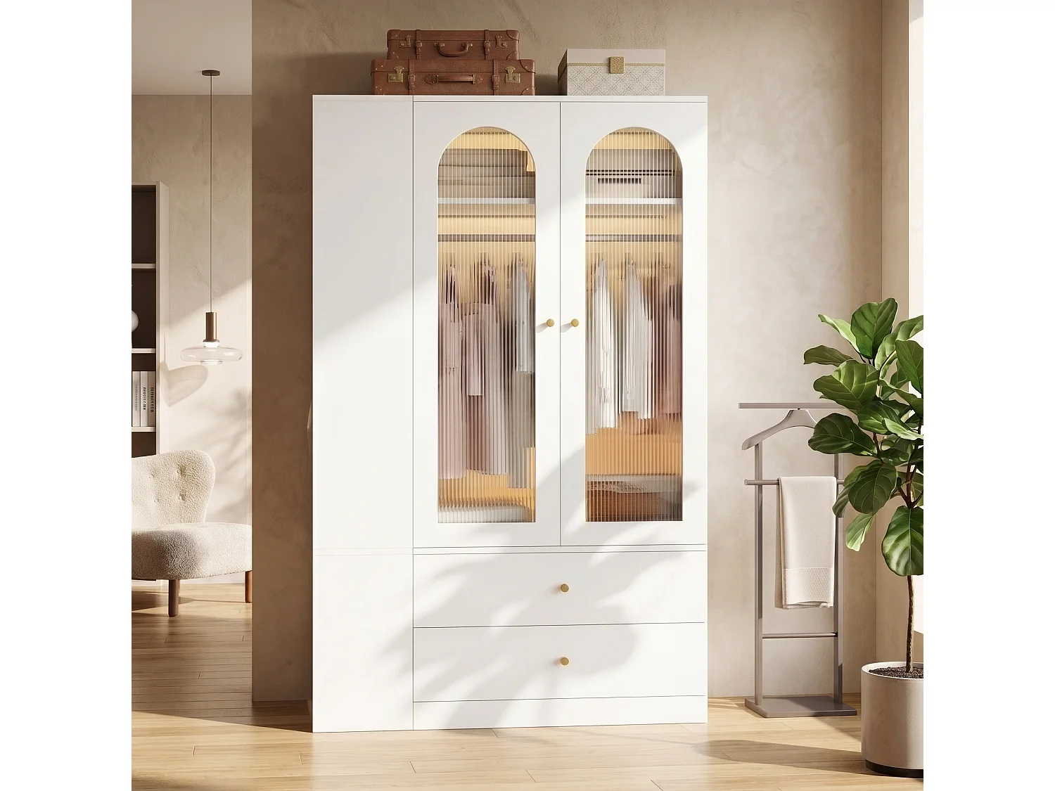 Garderob 120x200cm Vit med Riffat Glas - Modern Förvaringsmöbel med 2 Glasdörrar, Gyllene Handtag - Vit