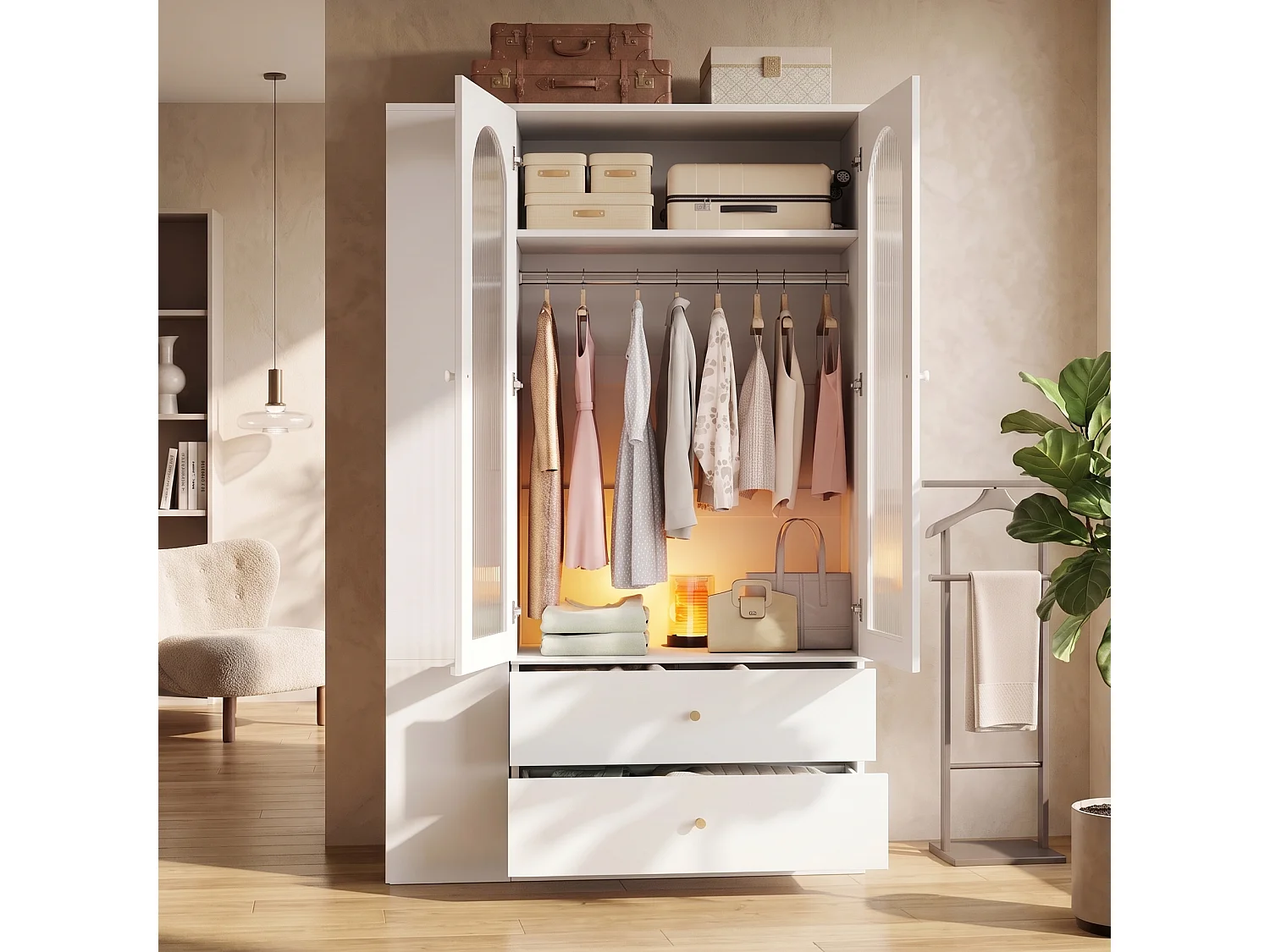 Garderob 120x200cm Vit med Riffat Glas - Modern Förvaringsmöbel med 2 Glasdörrar, Gyllene Handtag - Vit