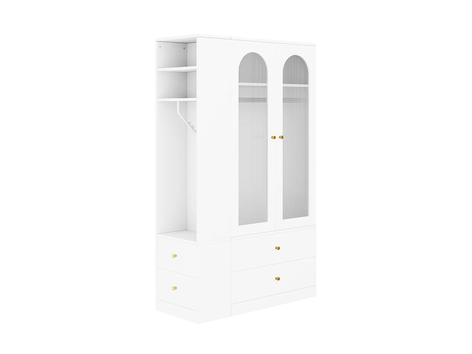 Garderob 120x200cm Vit med Riffat Glas - Modern Förvaringsmöbel med 2 Glasdörrar, Gyllene Handtag - Vit