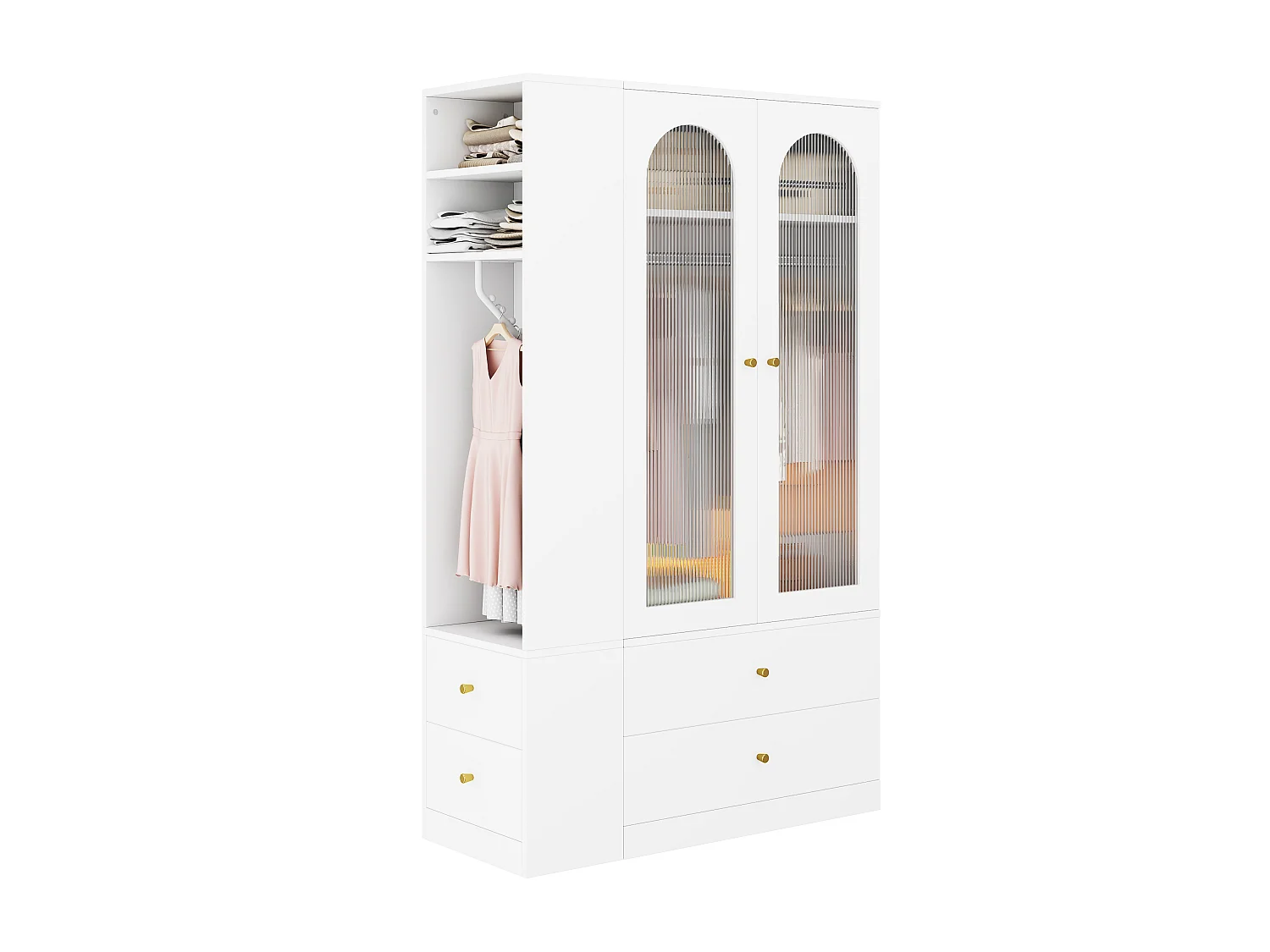 Garderob 120x200cm Vit med Riffat Glas - Modern Förvaringsmöbel med 2 Glasdörrar, Gyllene Handtag - Vit
