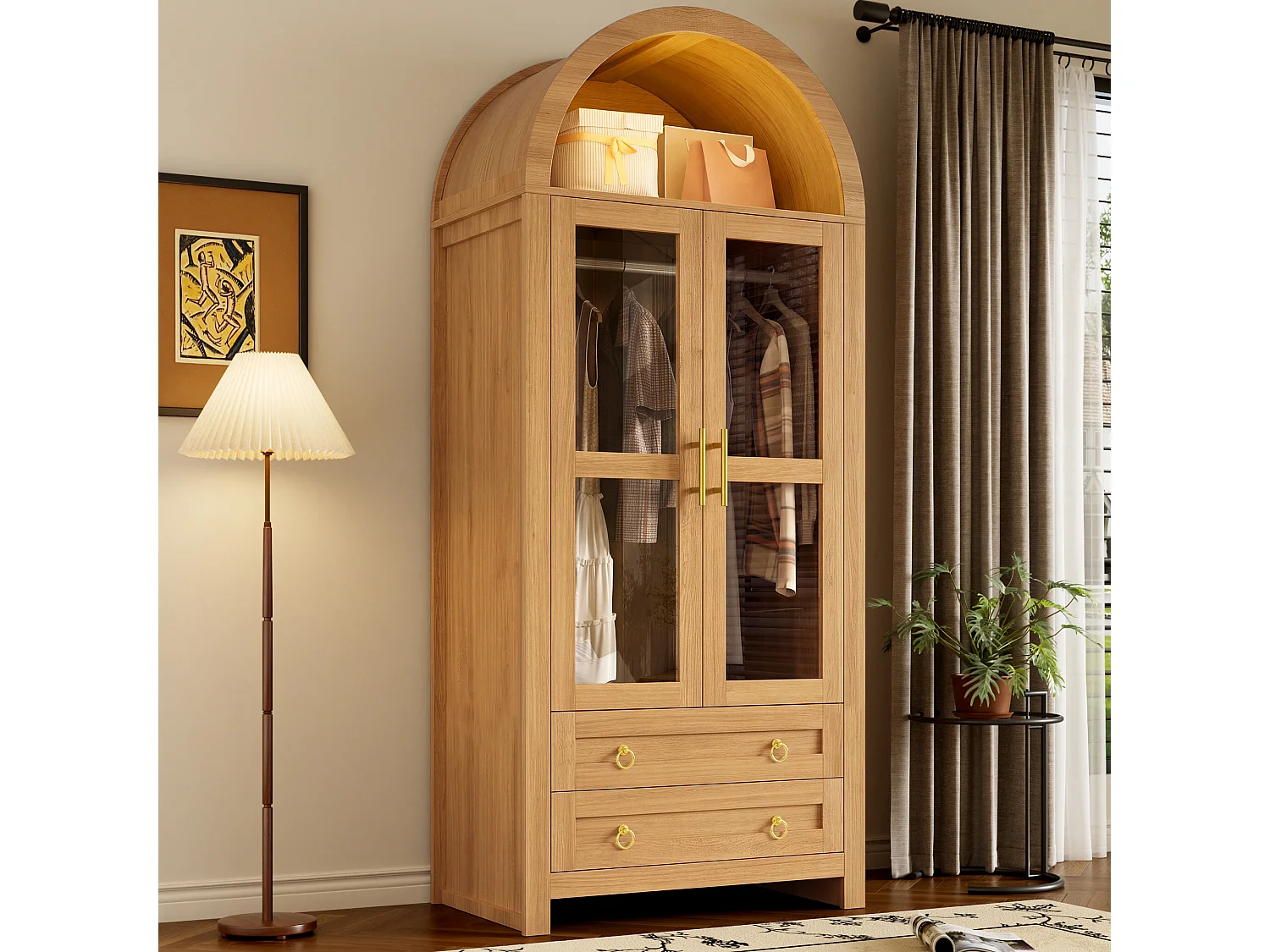Armoire moderne - Design à sommet cintré - 2 portes vitrées, 2 tiroirs et tringle - Éclairage LED - MDF - Naturel