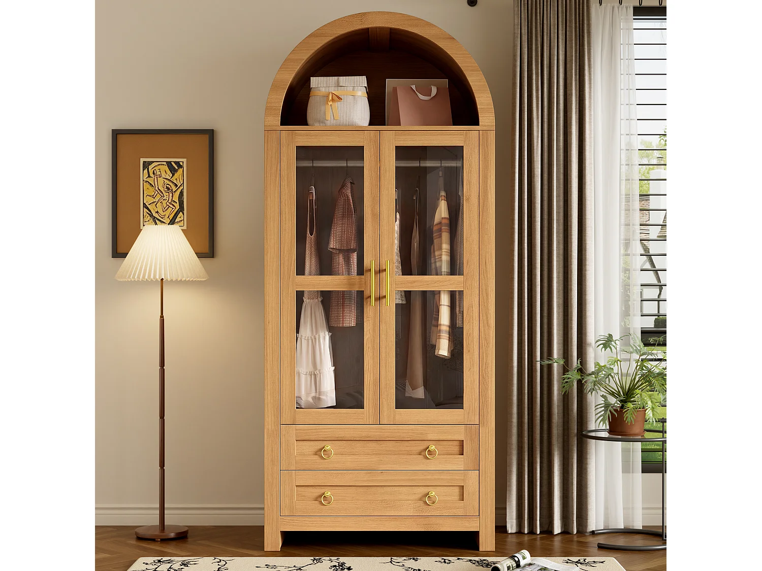 Armoire moderne - Design à sommet cintré - 2 portes vitrées, 2 tiroirs et tringle - Éclairage LED - MDF - Naturel