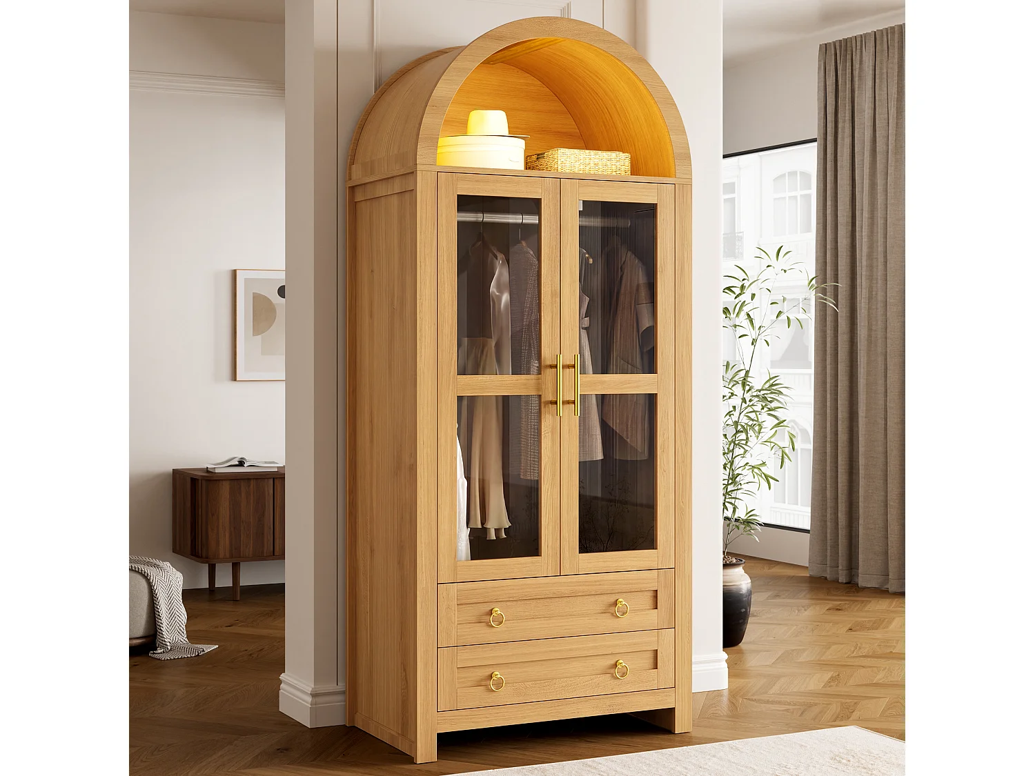 Armoire moderne - Design à sommet cintré - 2 portes vitrées, 2 tiroirs et tringle - Éclairage LED - MDF - Naturel