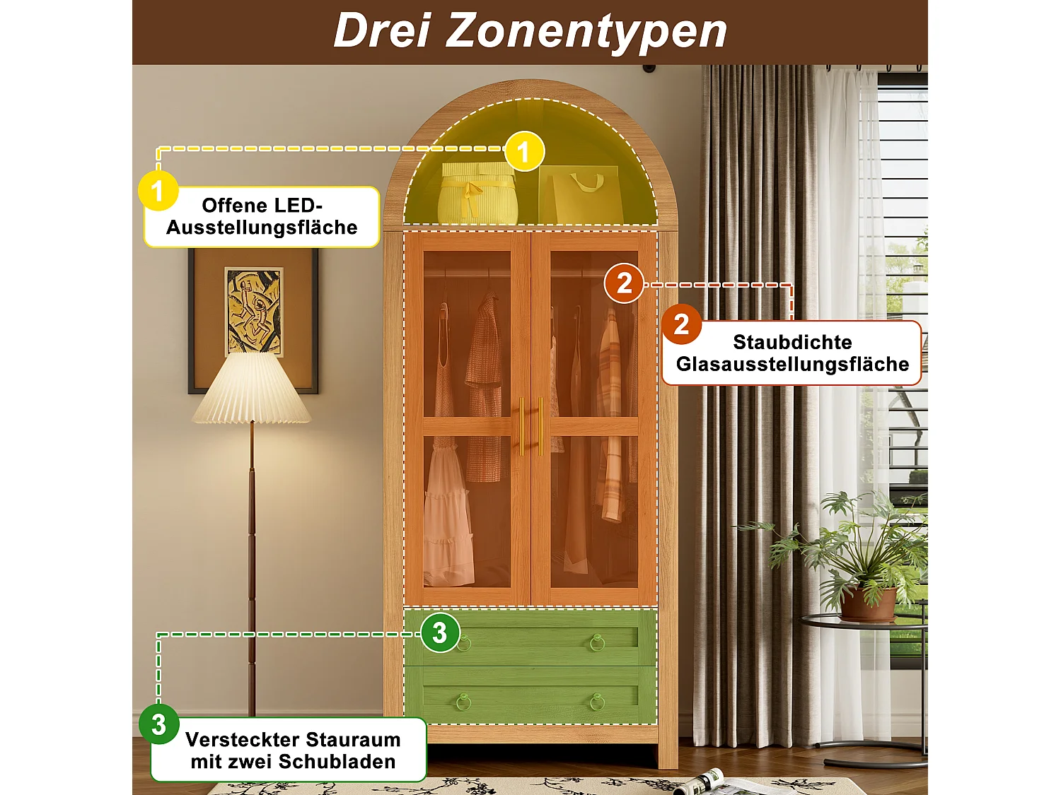 Armoire moderne - Design à sommet cintré - 2 portes vitrées, 2 tiroirs et tringle - Éclairage LED - MDF - Naturel