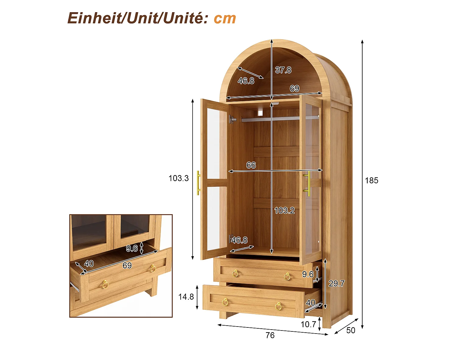 Armoire moderne - Design à sommet cintré - 2 portes vitrées, 2 tiroirs et tringle - Éclairage LED - MDF - Naturel