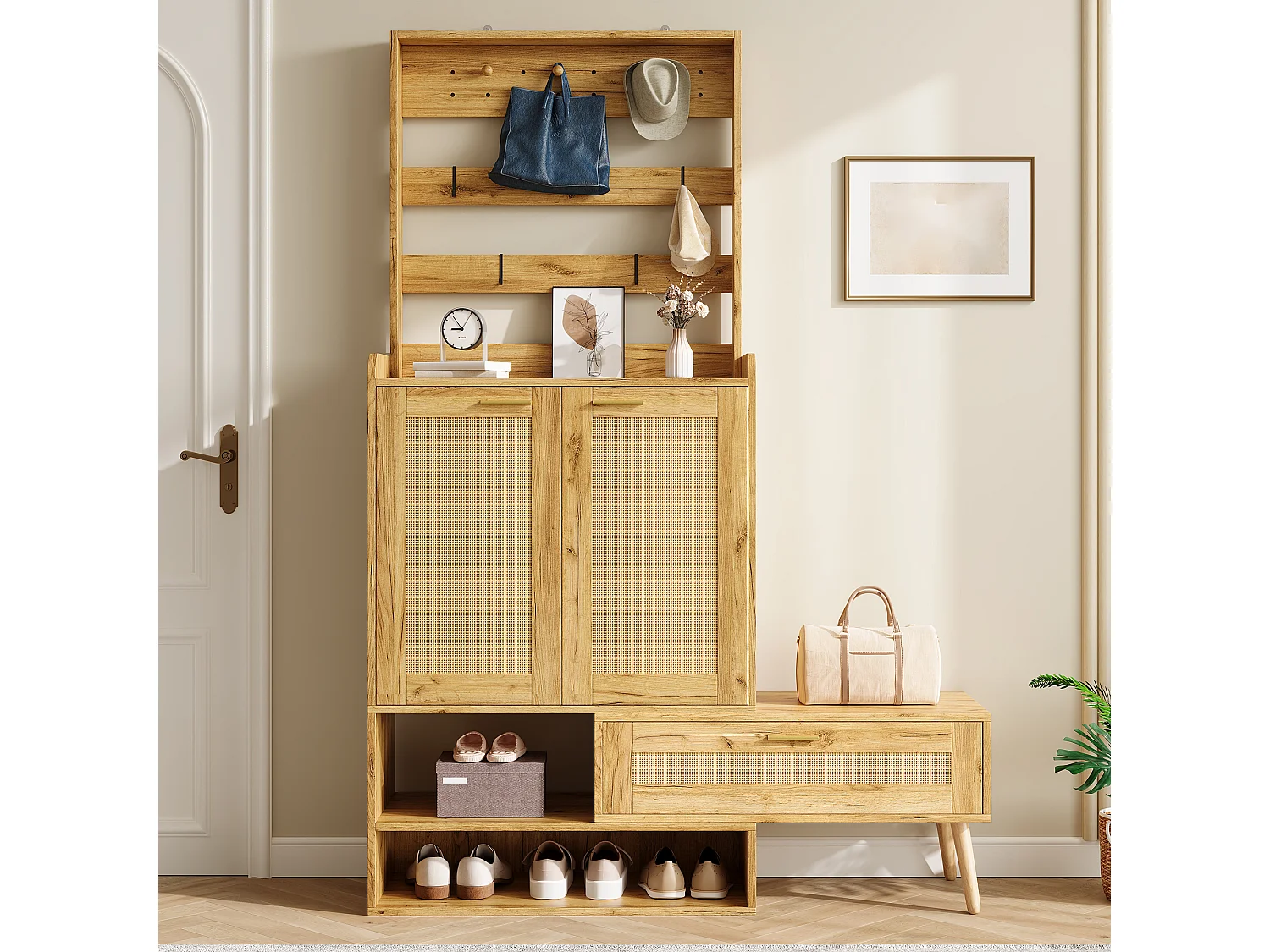 Ensemble vestiaire d'entrée - Avec patères et 2 portes à effet tressé - meuble à chaussures et banc à chaussures pivotant - Naturel