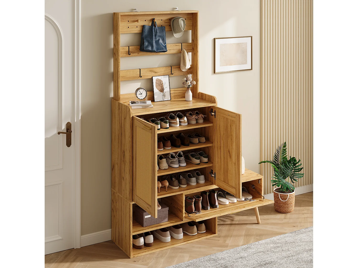 Ensemble vestiaire d'entrée - Avec patères et 2 portes à effet tressé - meuble à chaussures et banc à chaussures pivotant - Naturel