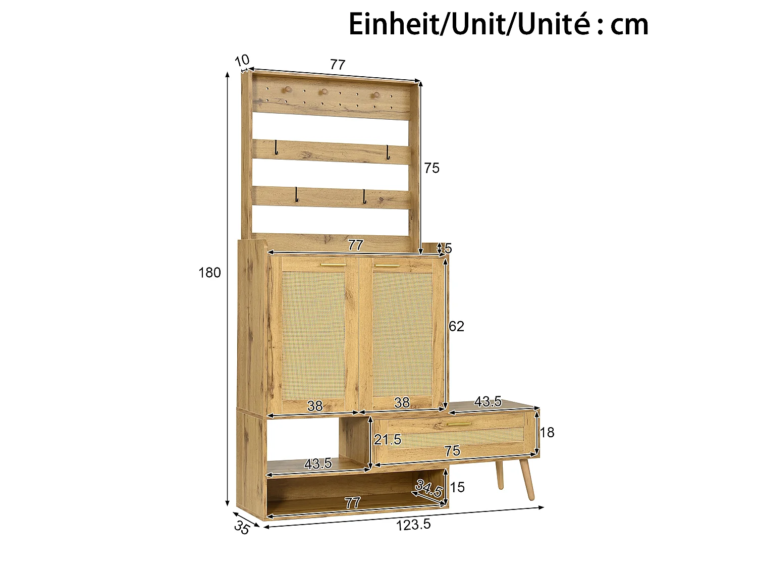 Ensemble vestiaire d'entrée - Avec patères et 2 portes à effet tressé - meuble à chaussures et banc à chaussures pivotant - Naturel