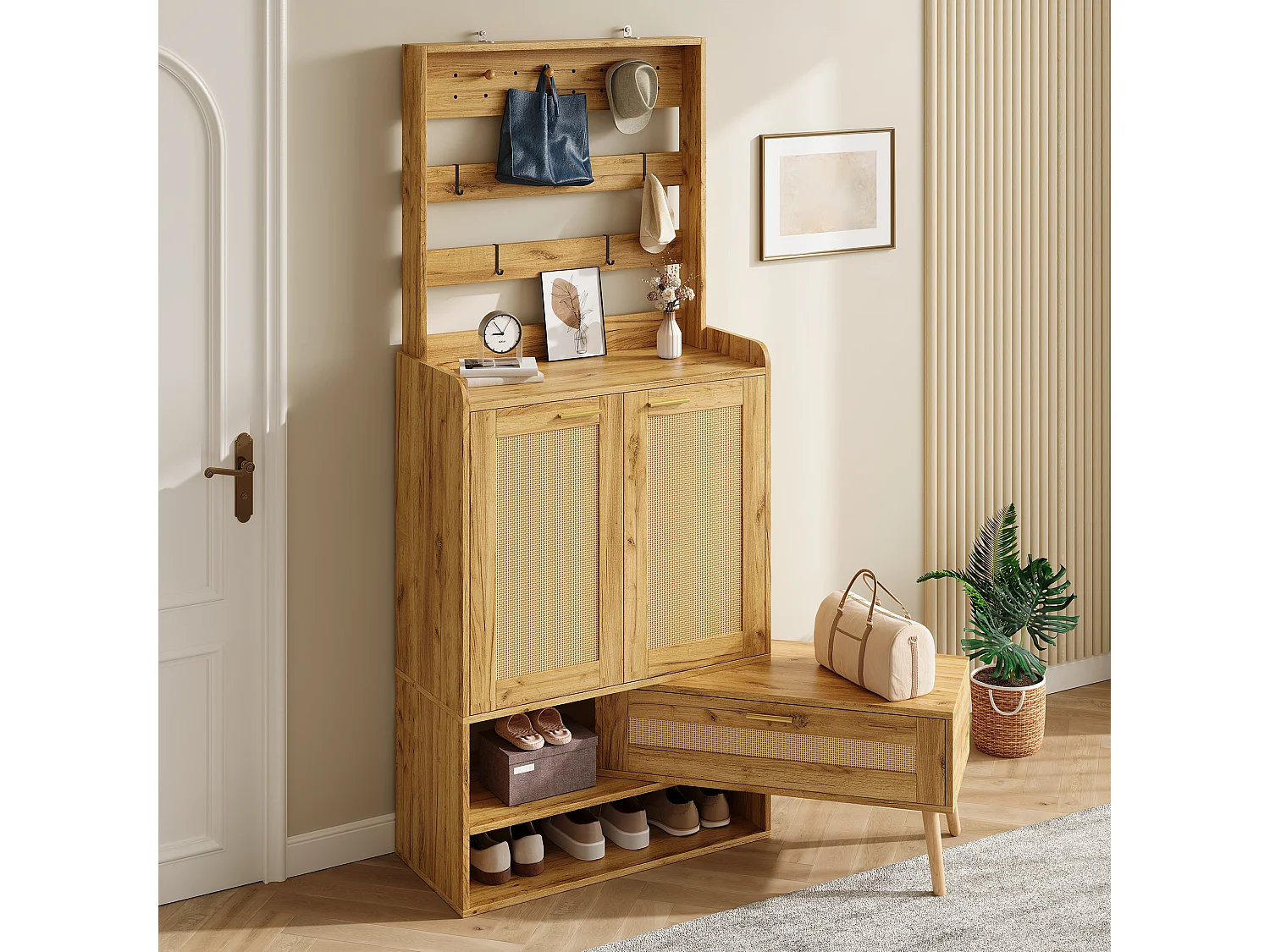 Ensemble vestiaire d'entrée - Avec patères et 2 portes à effet tressé - meuble à chaussures et banc à chaussures pivotant - Naturel