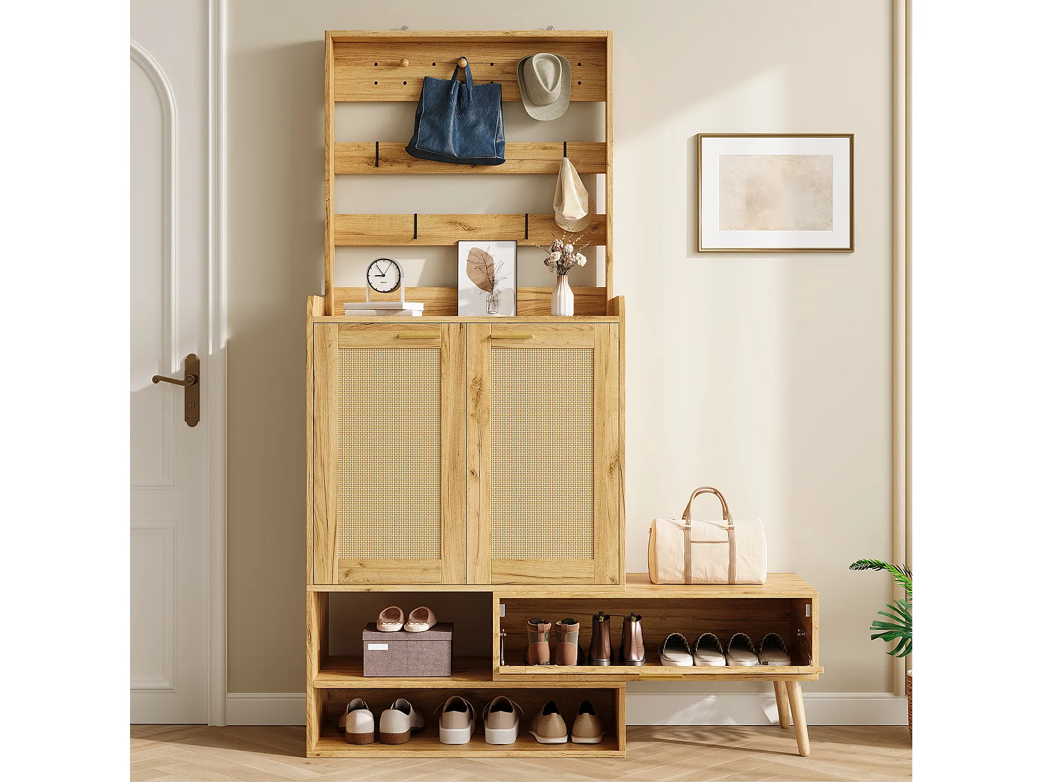 Ensemble vestiaire d'entrée - Avec patères et 2 portes à effet tressé - meuble à chaussures et banc à chaussures pivotant - Naturel