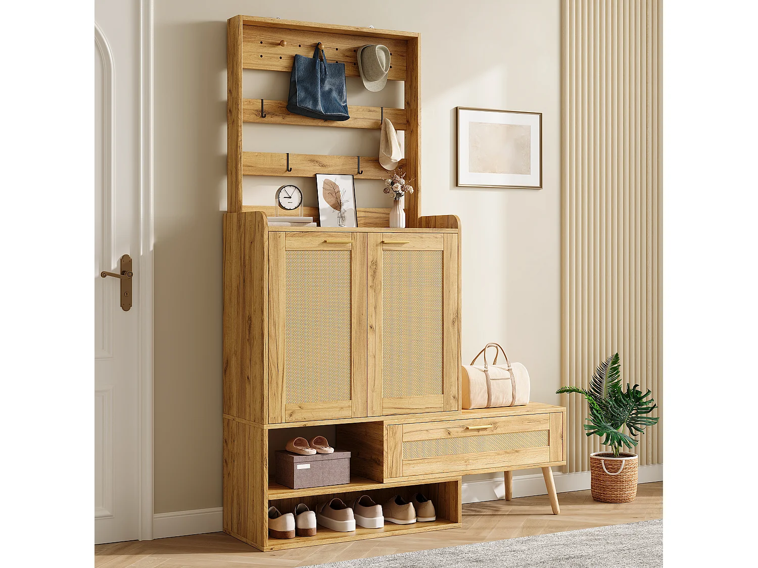 Ensemble vestiaire d'entrée - Avec patères et 2 portes à effet tressé - meuble à chaussures et banc à chaussures pivotant - Naturel