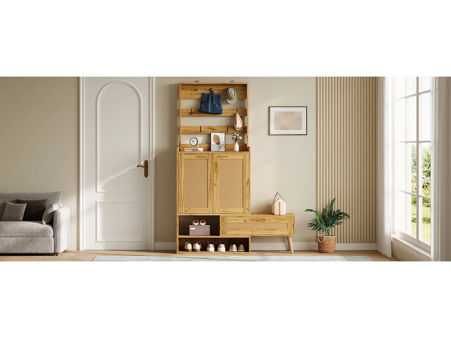Ensemble vestiaire d'entrée - Avec patères et 2 portes à effet tressé - meuble à chaussures et banc à chaussures pivotant - Naturel