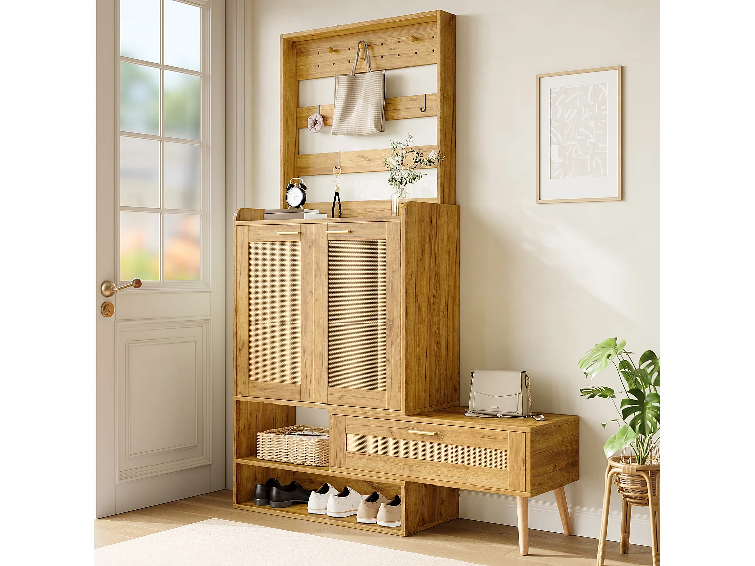 Ensemble vestiaire d'entrée - Avec patères et 2 portes à effet tressé - meuble à chaussures et banc à chaussures pivotant - Naturel