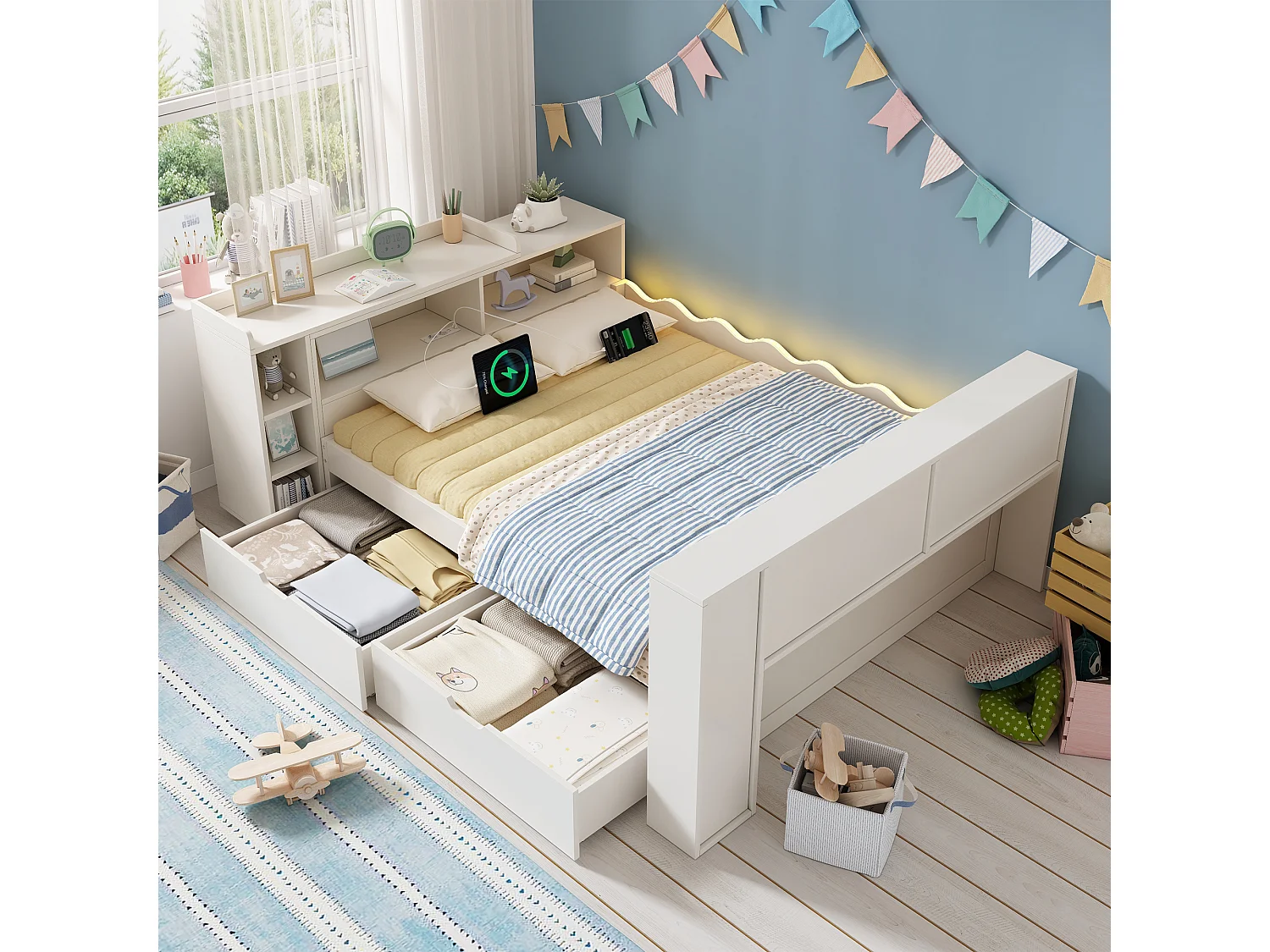 Sofá cama 140x190cm - con 2 cajones - con iluminación LED y tomas de carga - con escritorio extensible - blanco (colchón no incluido)