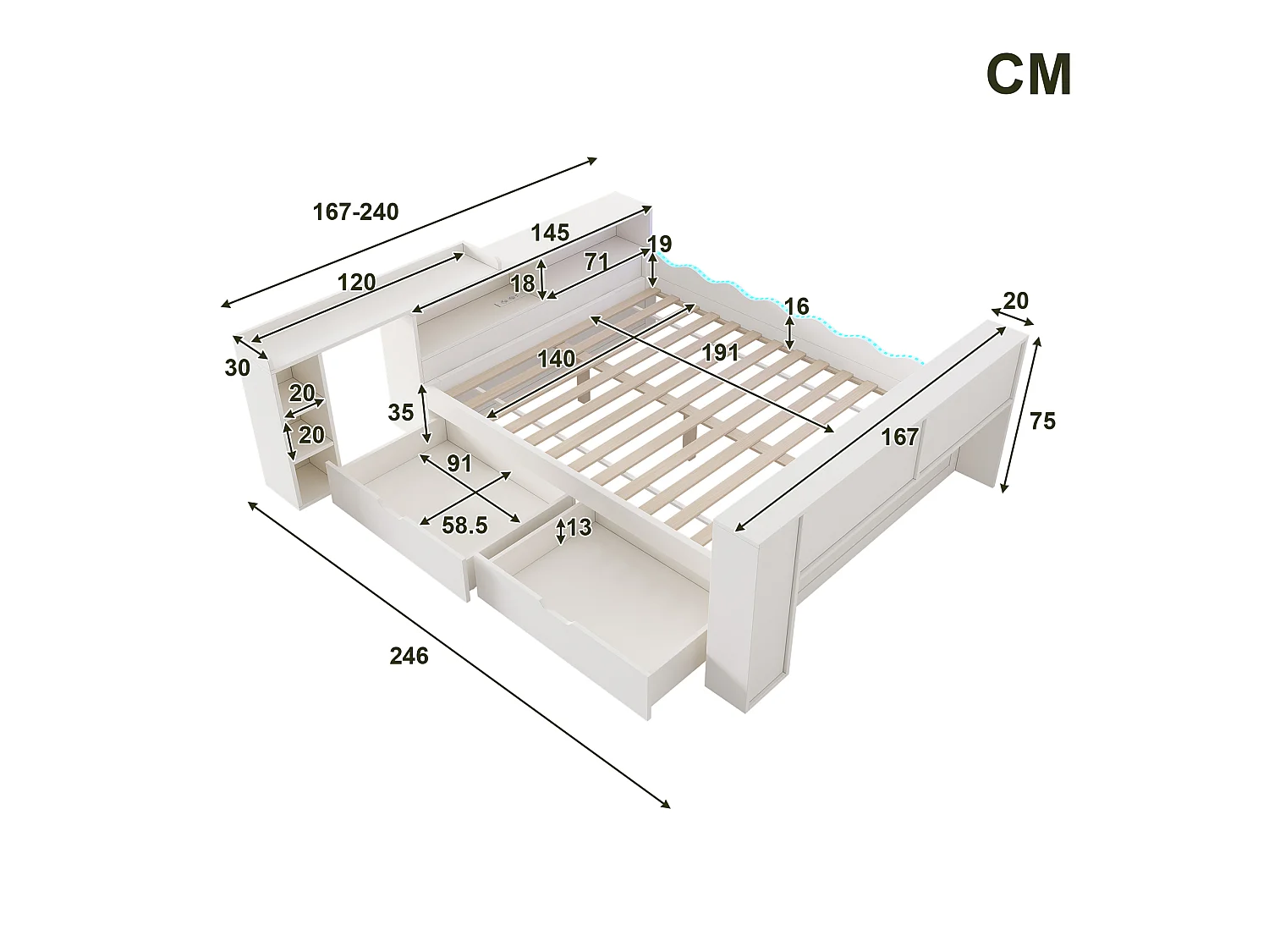 Sofá cama 140x190cm - con 2 cajones - con iluminación LED y tomas de carga - con escritorio extensible - blanco (colchón no incluido)