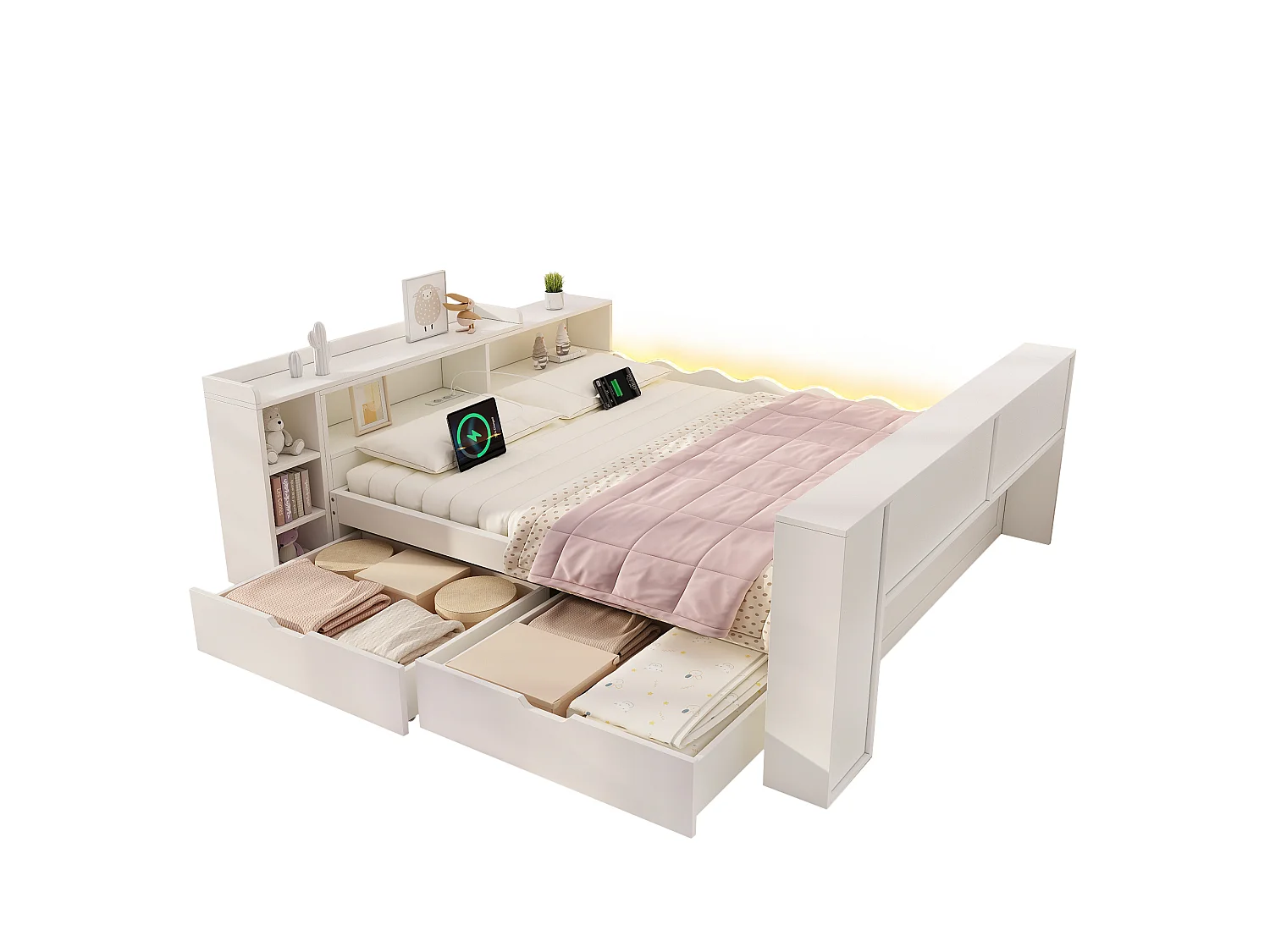 Sofá cama 140x190cm - con 2 cajones - con iluminación LED y tomas de carga - con escritorio extensible - blanco (colchón no incluido)