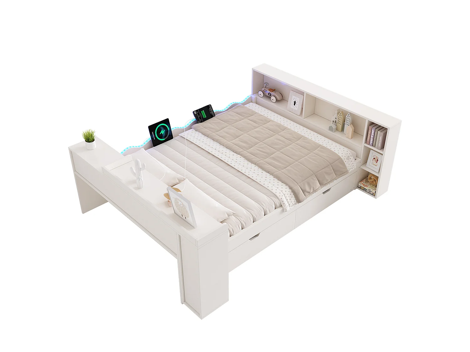 Sofá cama 140x190cm - con 2 cajones - con iluminación LED y tomas de carga - con escritorio extensible - blanco (colchón no incluido)