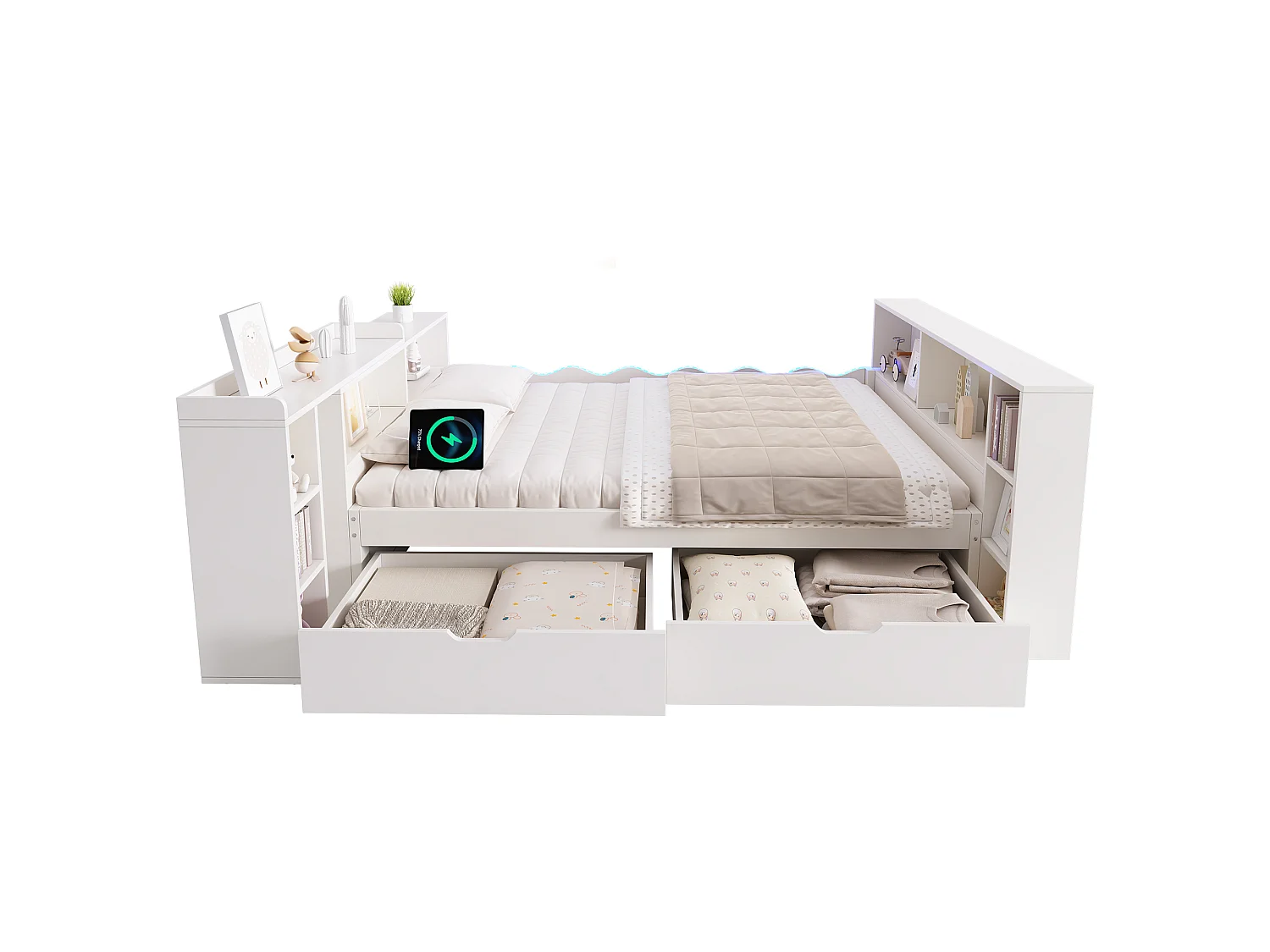 Sofá cama 140x190cm - con 2 cajones - con iluminación LED y tomas de carga - con escritorio extensible - blanco (colchón no incluido)