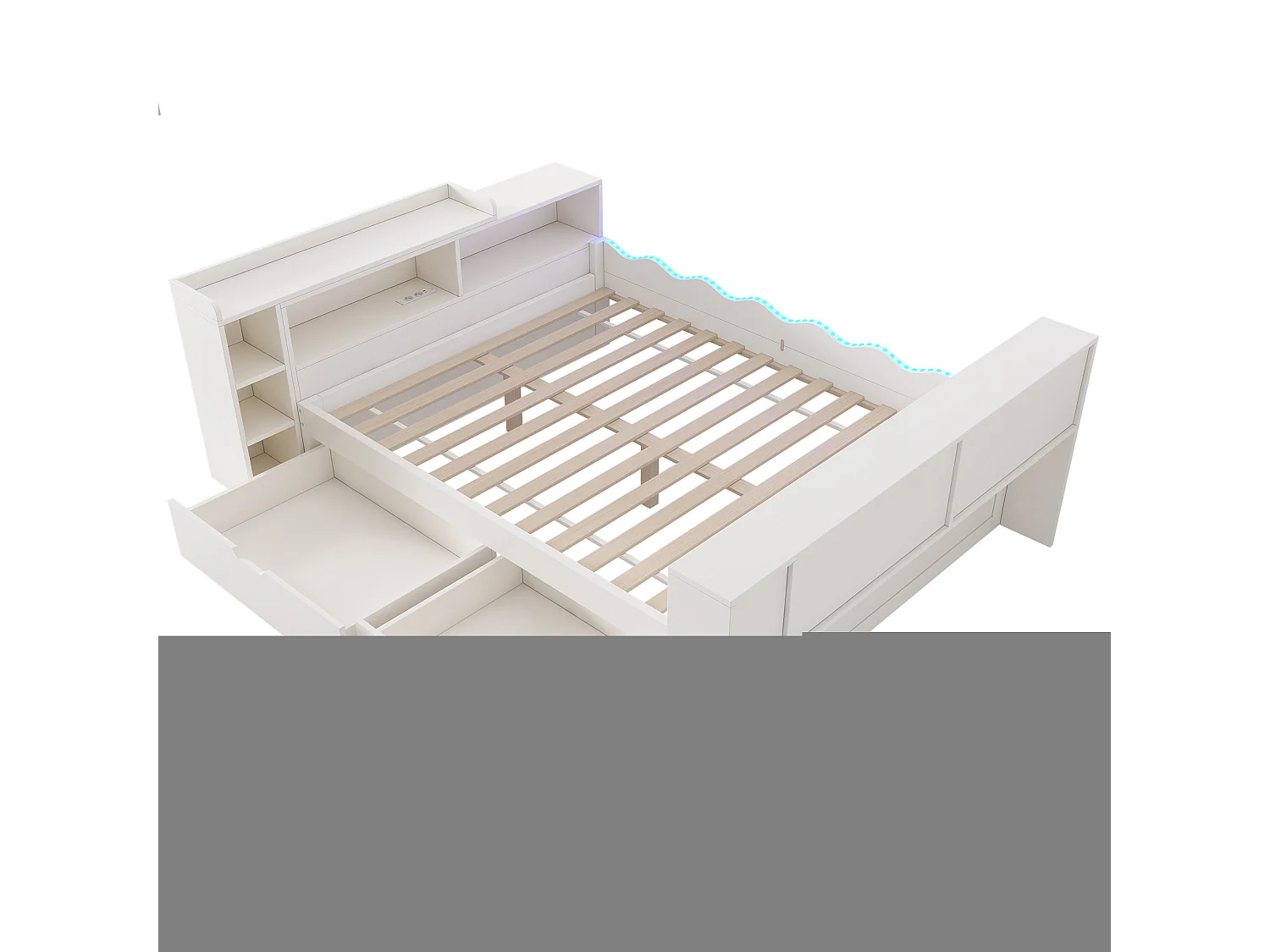 Sofá cama 140x190cm - con 2 cajones - con iluminación LED y tomas de carga - con escritorio extensible - blanco (colchón no incluido)