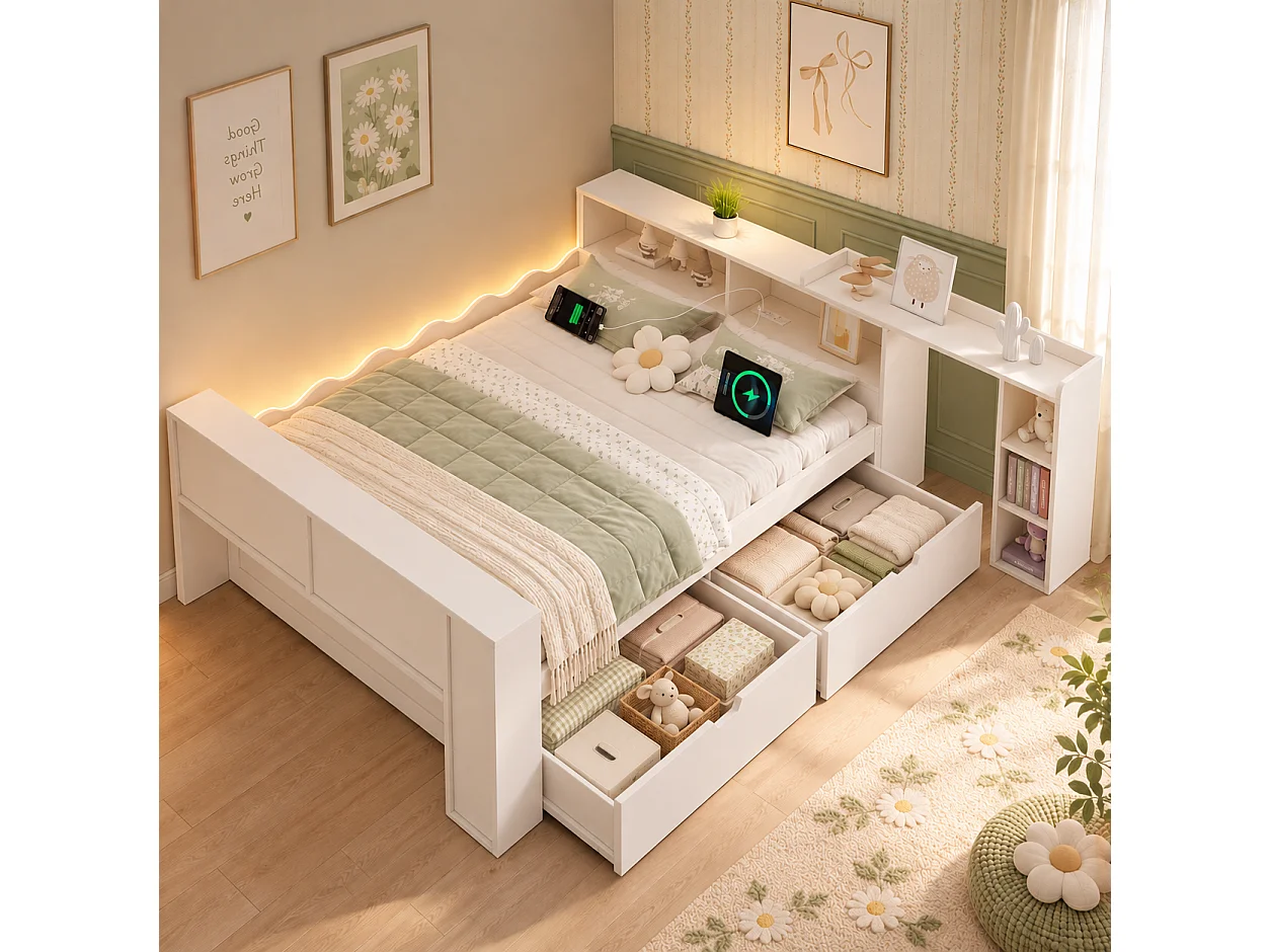 Sofá cama 140x190cm - con 2 cajones - con iluminación LED y tomas de carga - con escritorio extensible - blanco (colchón no incluido)