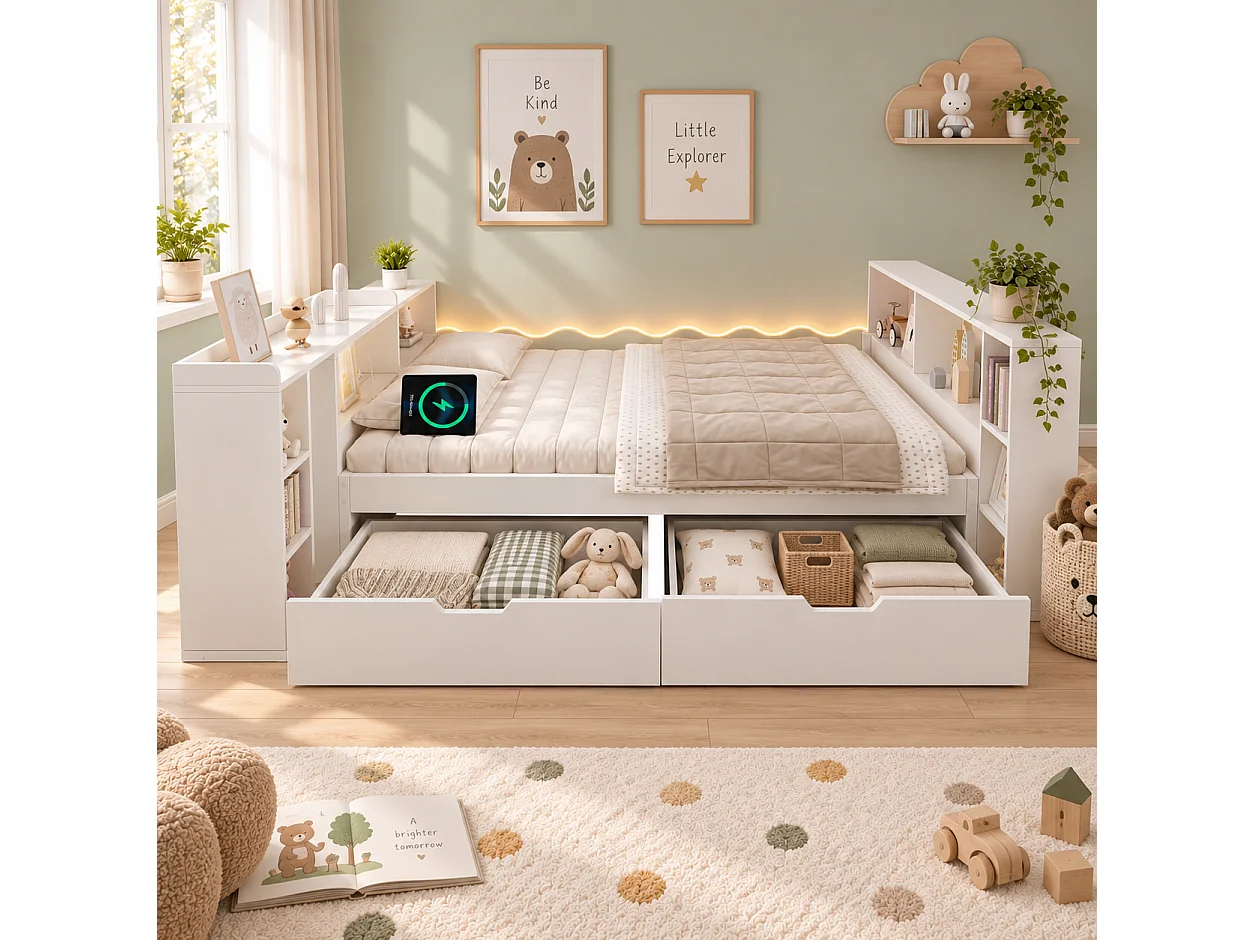 Sofá cama 140x190cm - con 2 cajones - con iluminación LED y tomas de carga - con escritorio extensible - blanco (colchón no incluido)