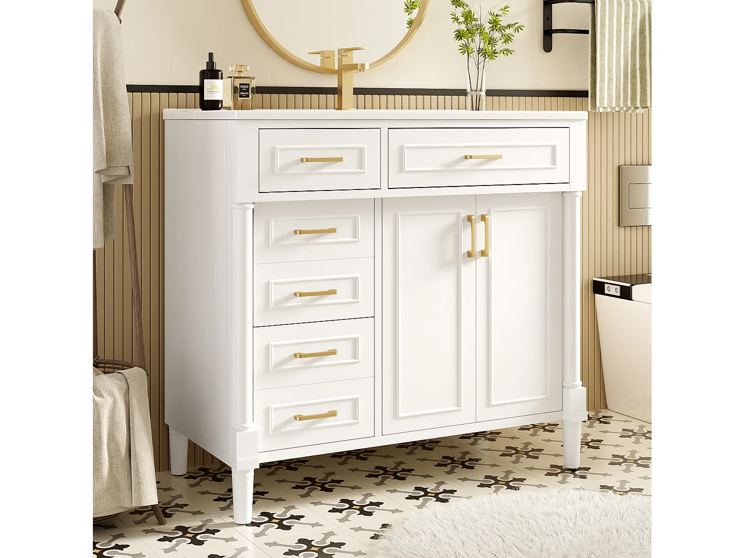Meuble de salle de bain avec vasque en céramique 91x46.5x88cm - 4 tiroirs et 2 portes - Finition laquée - Étagère réglable - Blanc