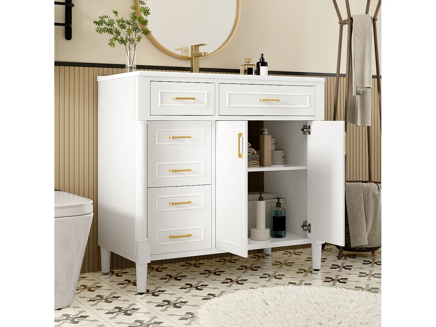 Meuble de salle de bain avec vasque en céramique 91x46.5x88cm - 4 tiroirs et 2 portes - Finition laquée - Étagère réglable - Blanc