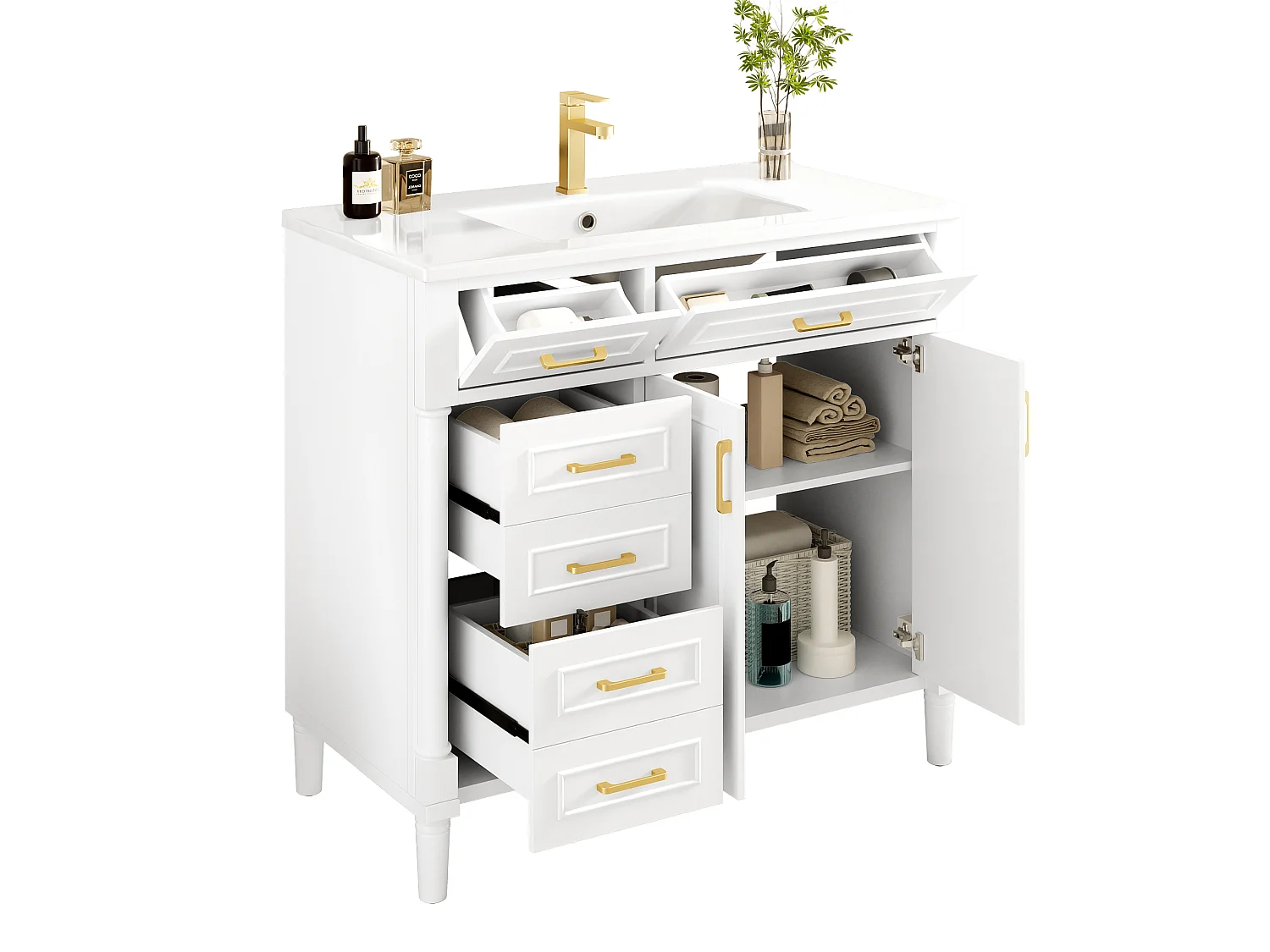 Meuble de salle de bain avec vasque en céramique 91x46.5x88cm - 4 tiroirs et 2 portes - Finition laquée - Étagère réglable - Blanc