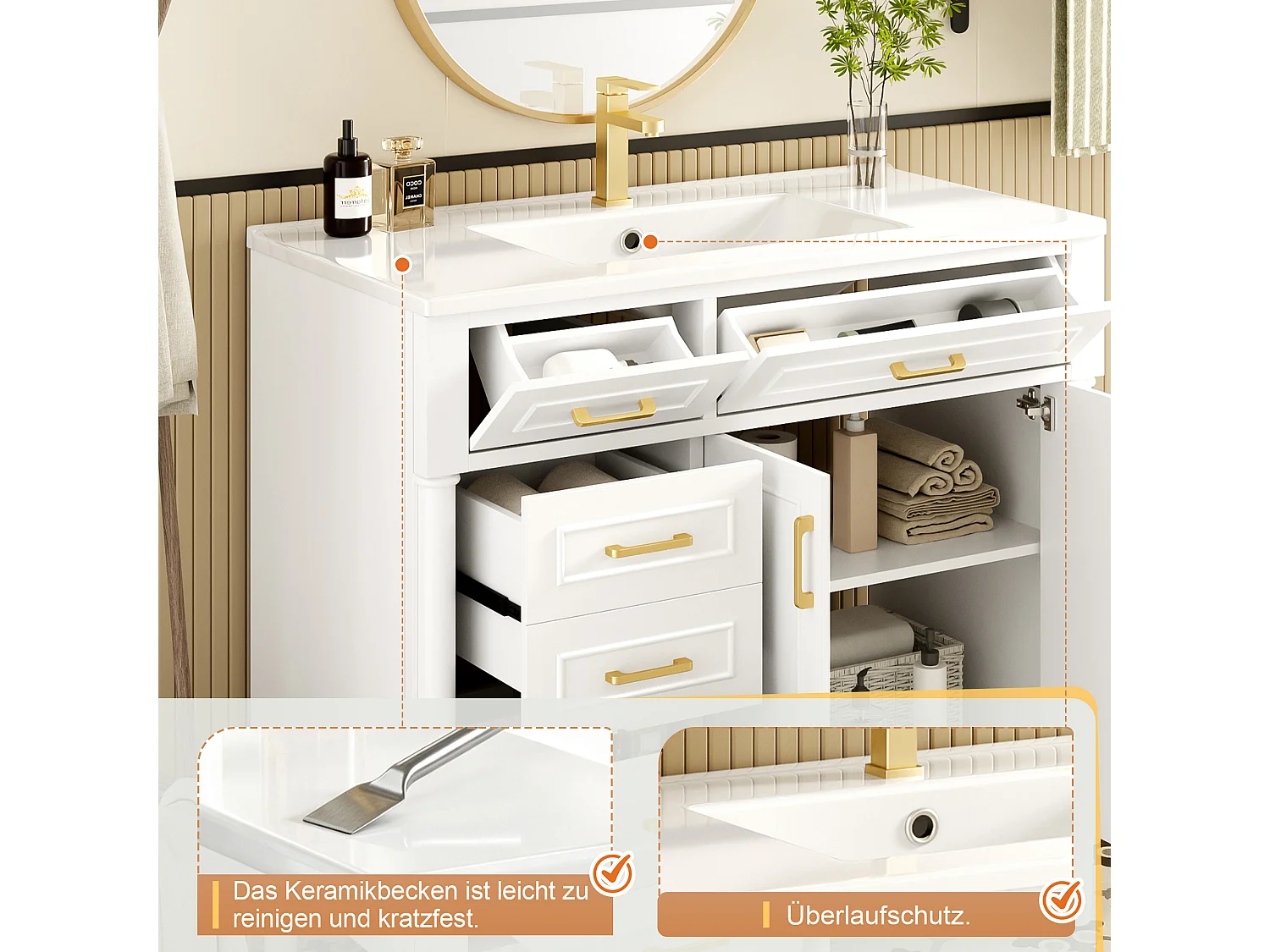 Meuble de salle de bain avec vasque en céramique 91x46.5x88cm - 4 tiroirs et 2 portes - Finition laquée - Étagère réglable - Blanc