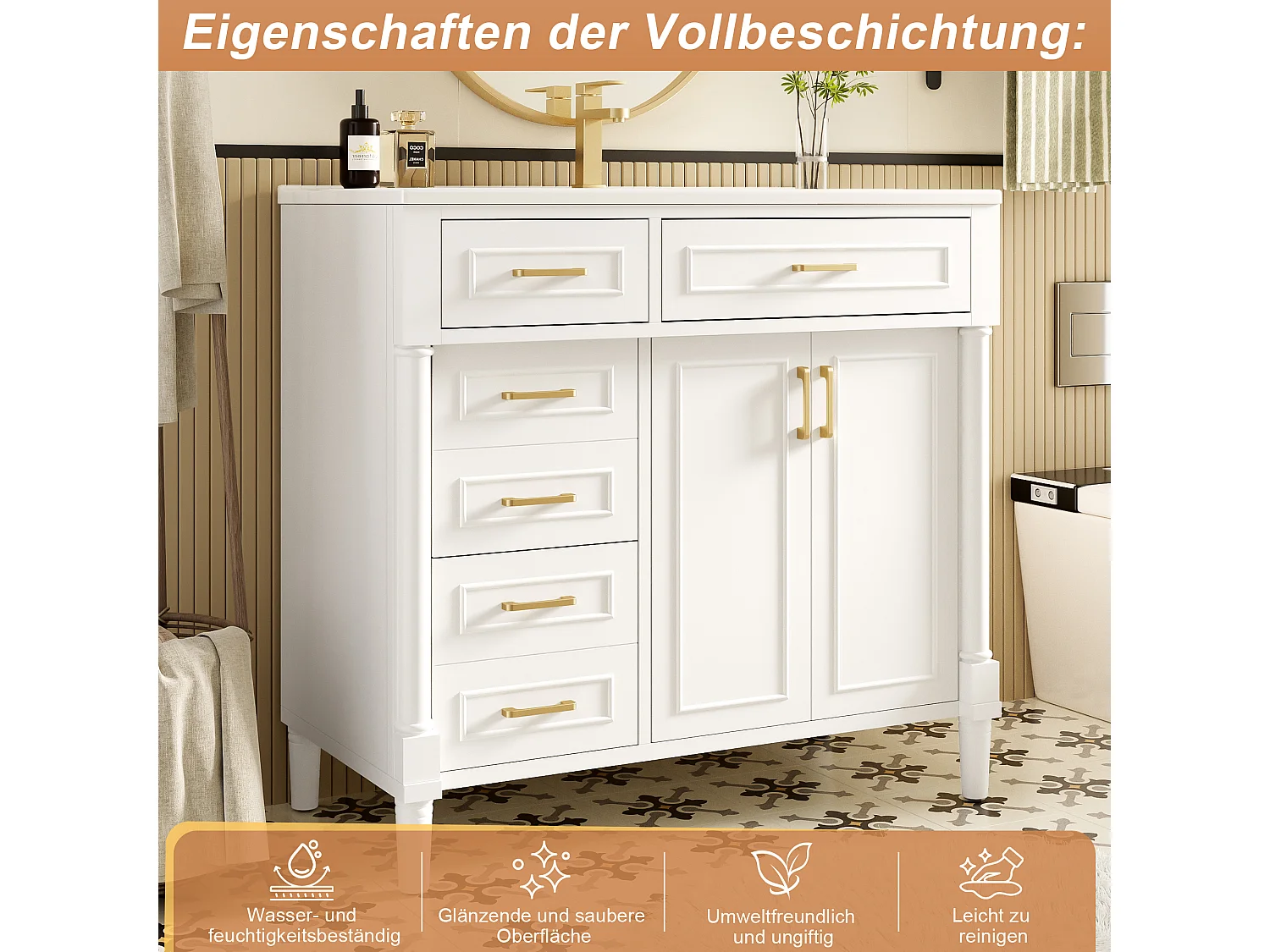 Meuble de salle de bain avec vasque en céramique 91x46.5x88cm - 4 tiroirs et 2 portes - Finition laquée - Étagère réglable - Blanc