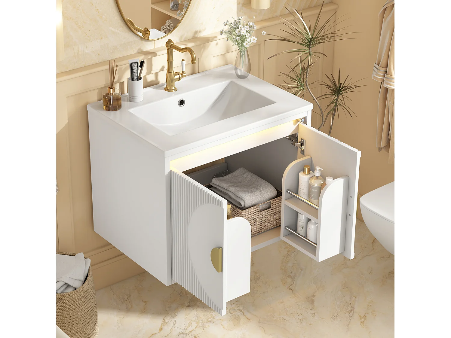 Meuble de Salle de Bain Suspendu 61cm - Meuble Sous-Vasque avec Vasque Céramique, Éclairage LED Radar, Portes Cannelées et Poignées Dorées - Blanc et Doré