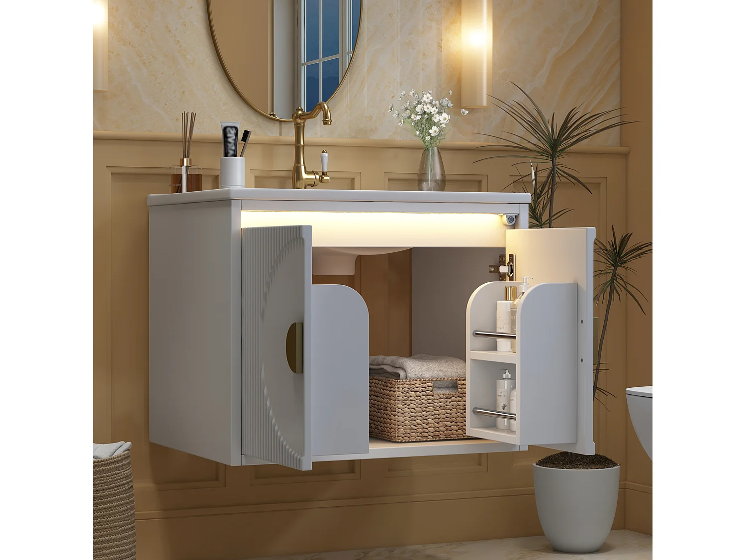 Meuble de Salle de Bain Suspendu 61cm - Meuble Sous-Vasque avec Vasque Céramique, Éclairage LED Radar, Portes Cannelées et Poignées Dorées - Blanc et Doré