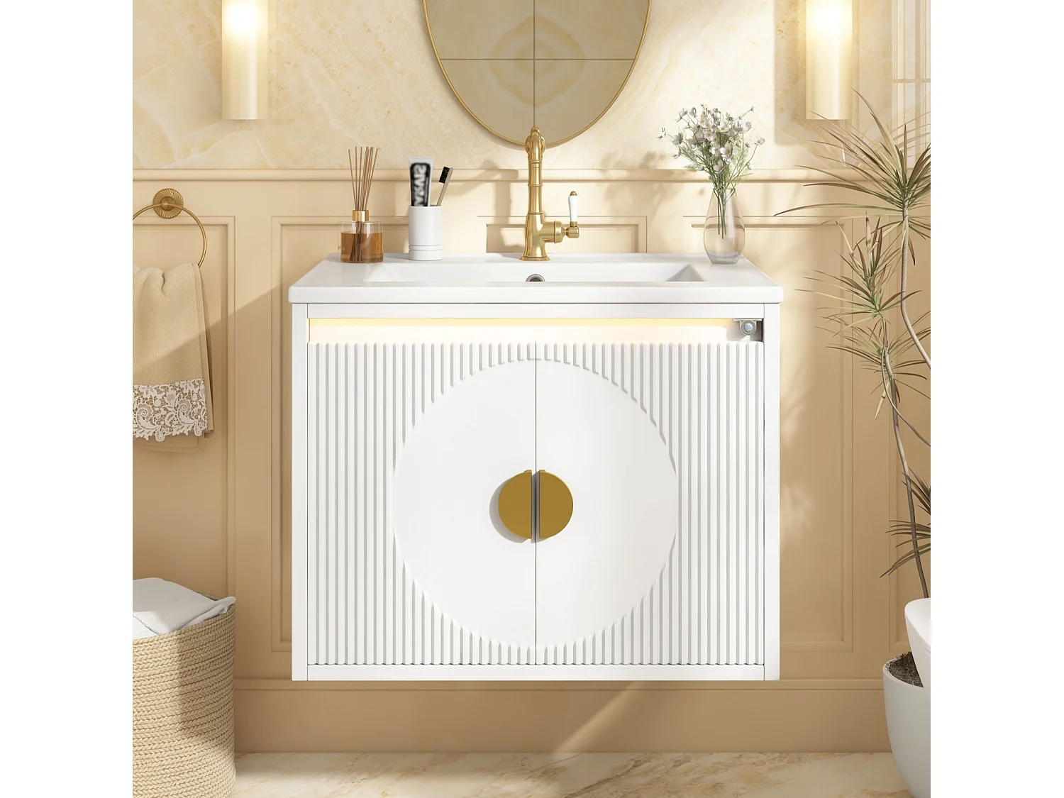 Meuble de Salle de Bain Suspendu 61cm - Meuble Sous-Vasque avec Vasque Céramique, Éclairage LED Radar, Portes Cannelées et Poignées Dorées - Blanc et Doré